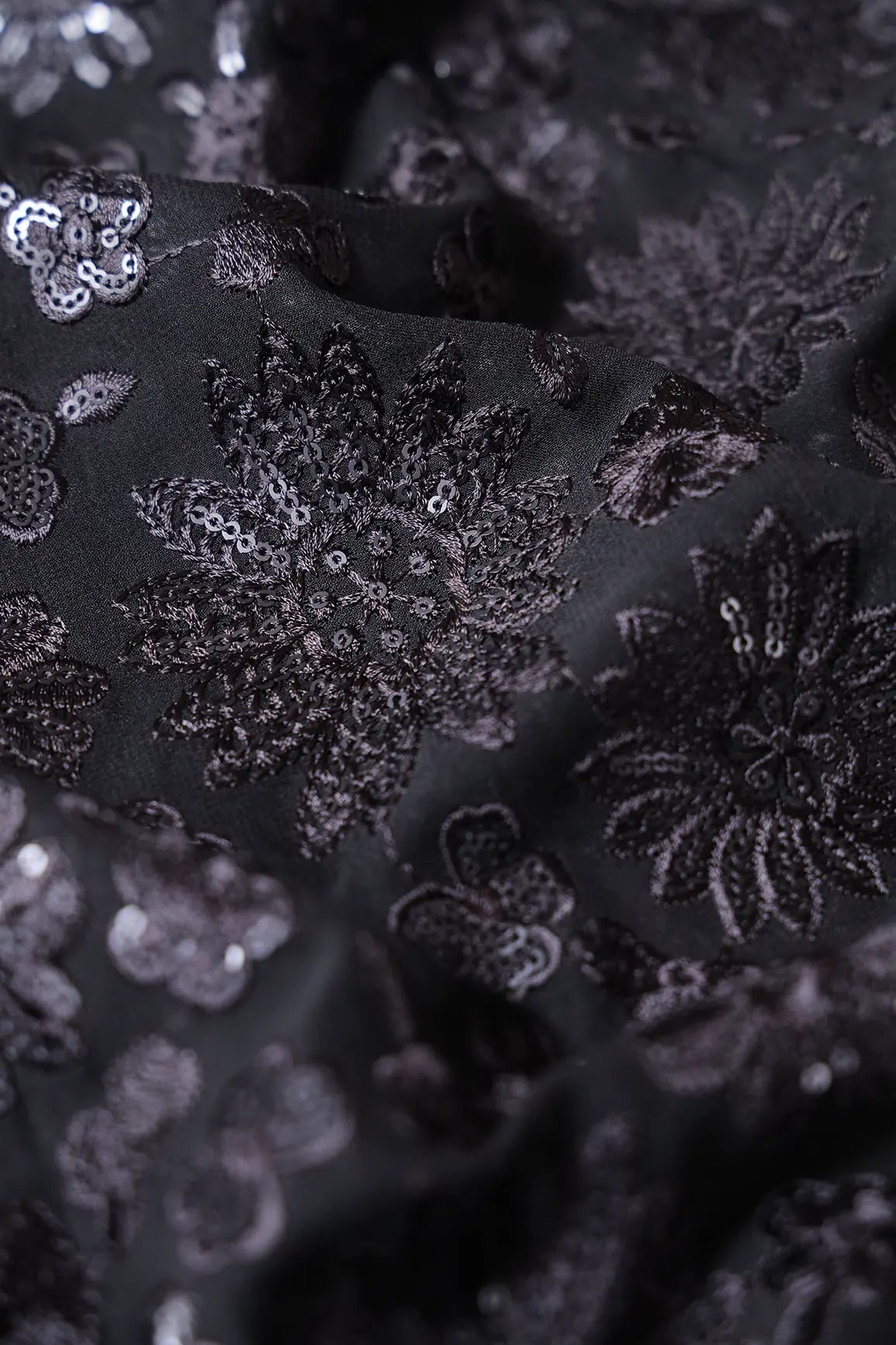 Black Thread With Black Sequins Floral Embroidery Work On Black Viscose Georgette Fabric - doeraa