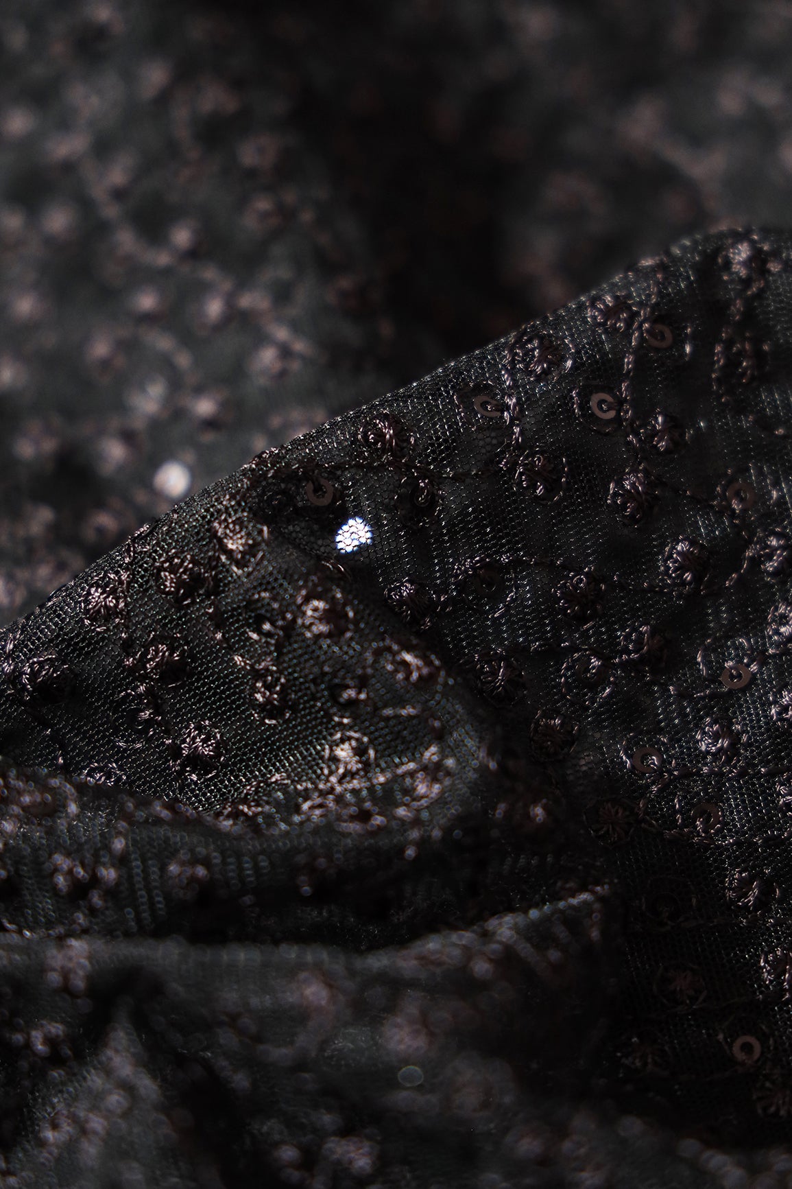 Black Thread With Black Small Sequins Abstract Embroidery Work On Black Soft Net Fabric - doeraa