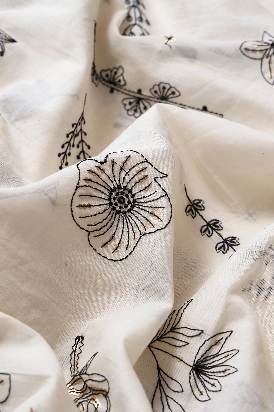 Black Thread With Gold Sequins Floral Embroidery Work On Off White Organic Cotton Fabric - doeraa