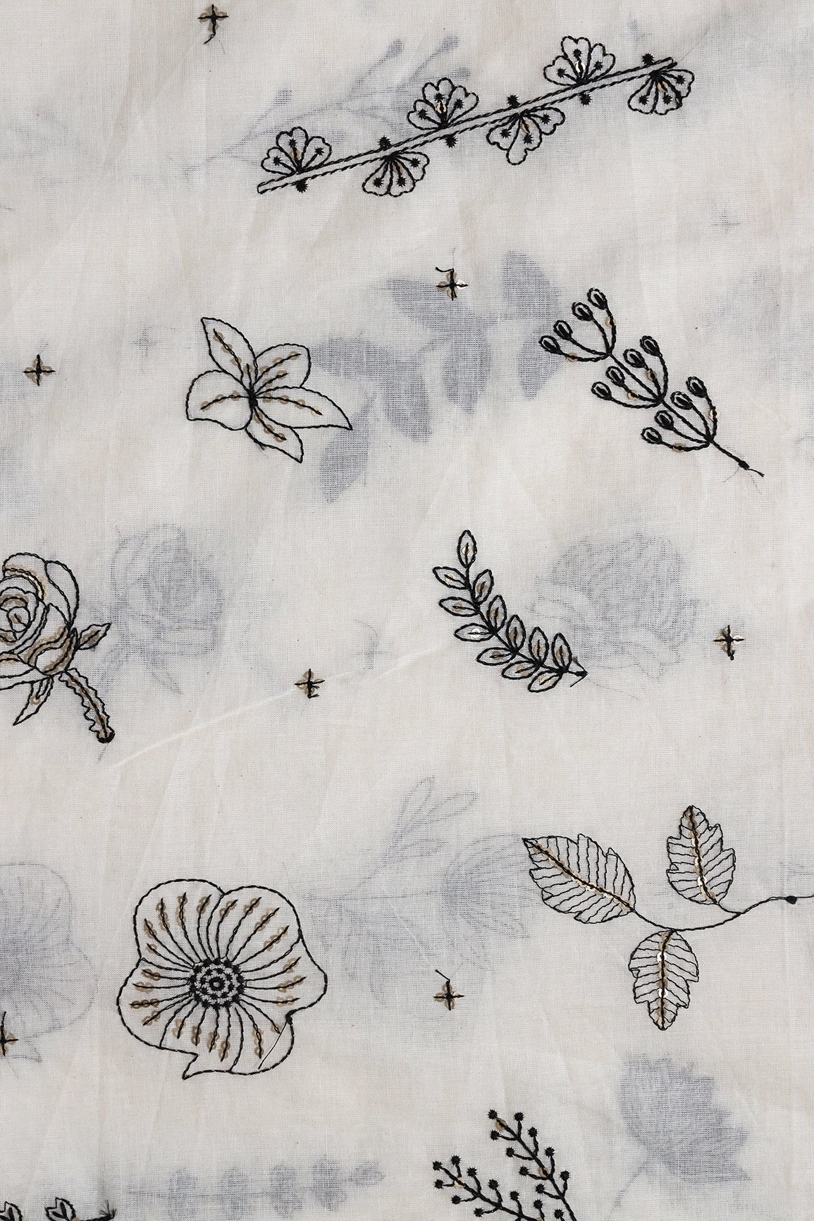 Black Thread With Gold Sequins Floral Embroidery Work On Off White Organic Cotton Fabric - doeraa