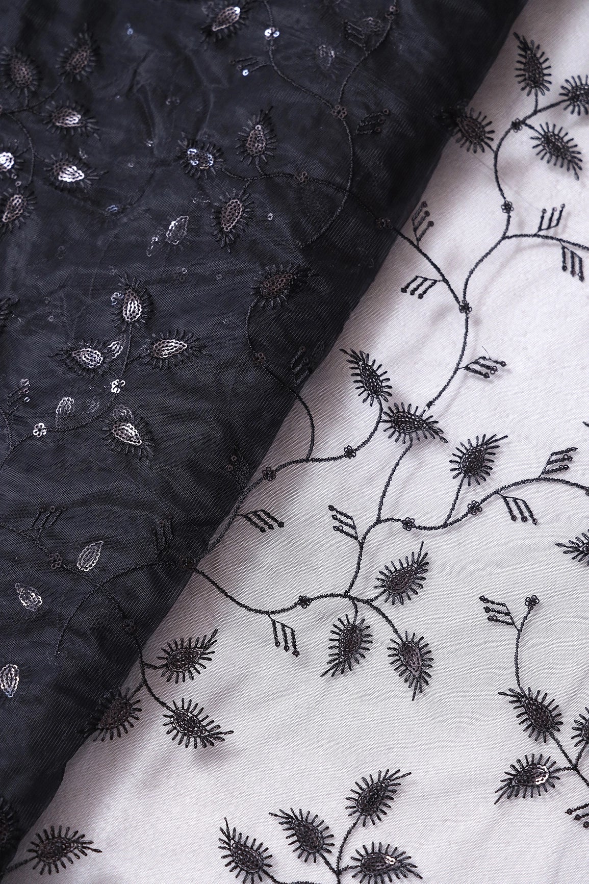 Black Thread With Sequins Beautiful Leafy Embroidery On Black Soft Net Fabric - doeraa