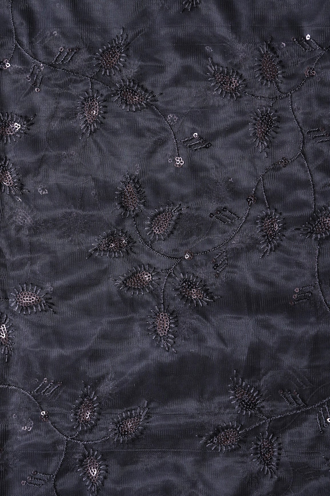 Black Thread With Sequins Beautiful Leafy Embroidery On Black Soft Net Fabric - doeraa