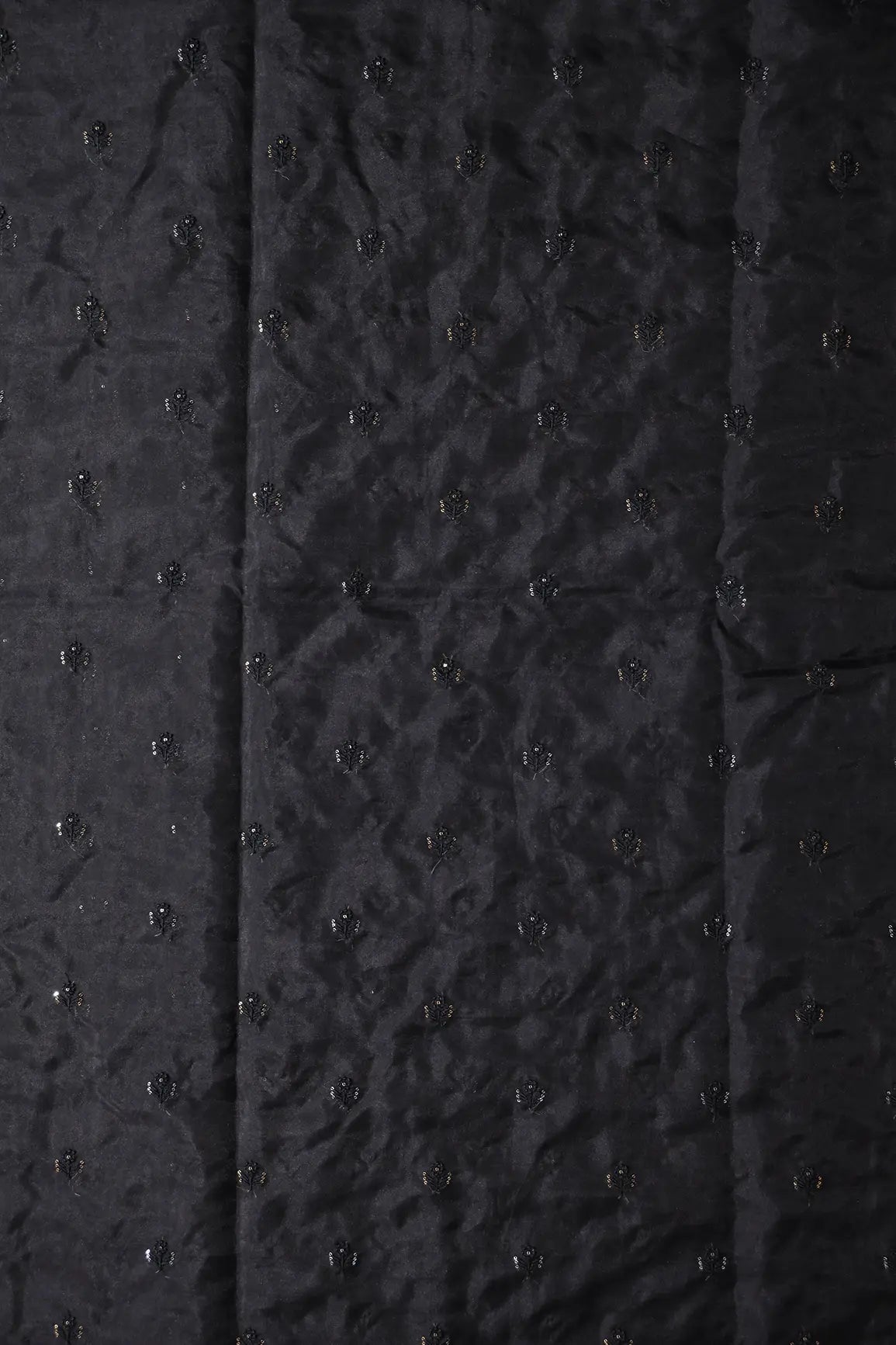 Black Thread With Sequins Beautiful Small Floral Motif Embroidery Work On Black Organza Fabric - doeraa