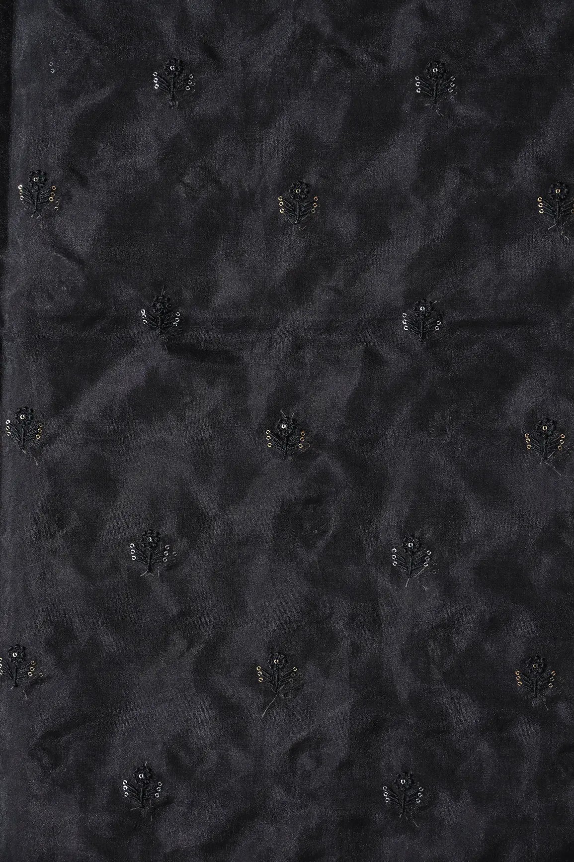 Black Thread With Sequins Beautiful Small Floral Motif Embroidery Work On Black Organza Fabric - doeraa