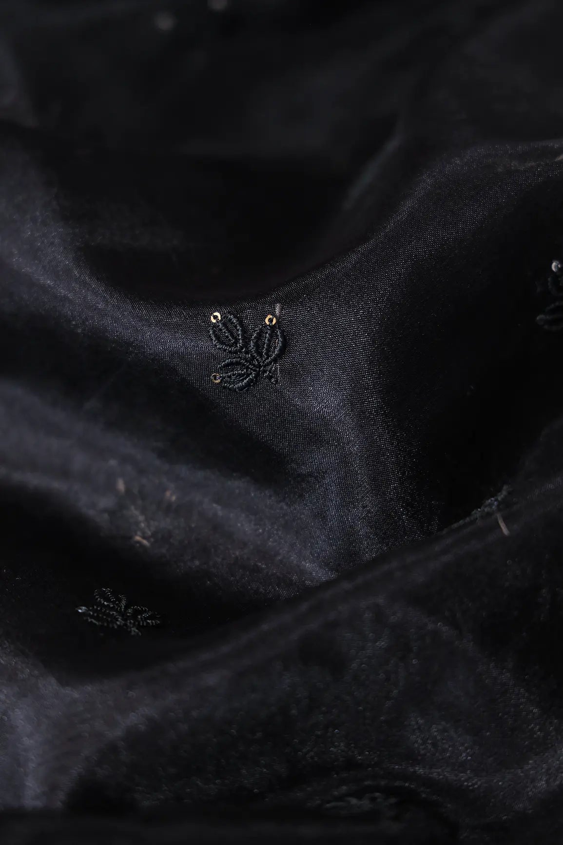 Black Thread With Sequins Beautiful Small Leafy Embroidery Work On Black Organza Fabric - doeraa