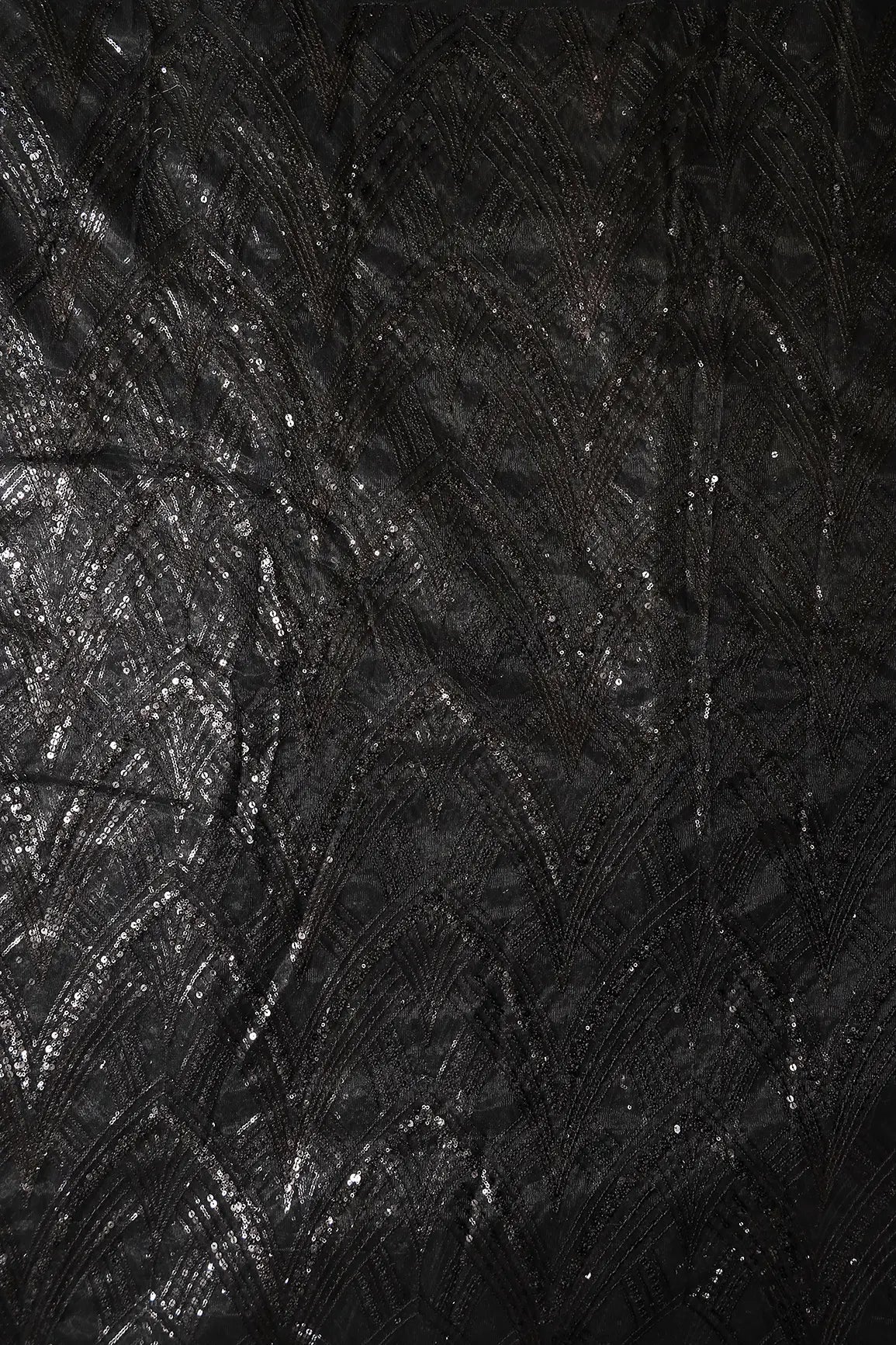 Black Thread With Sequins Geometric Embroidery Work On Black Soft Net Fabric - doeraa