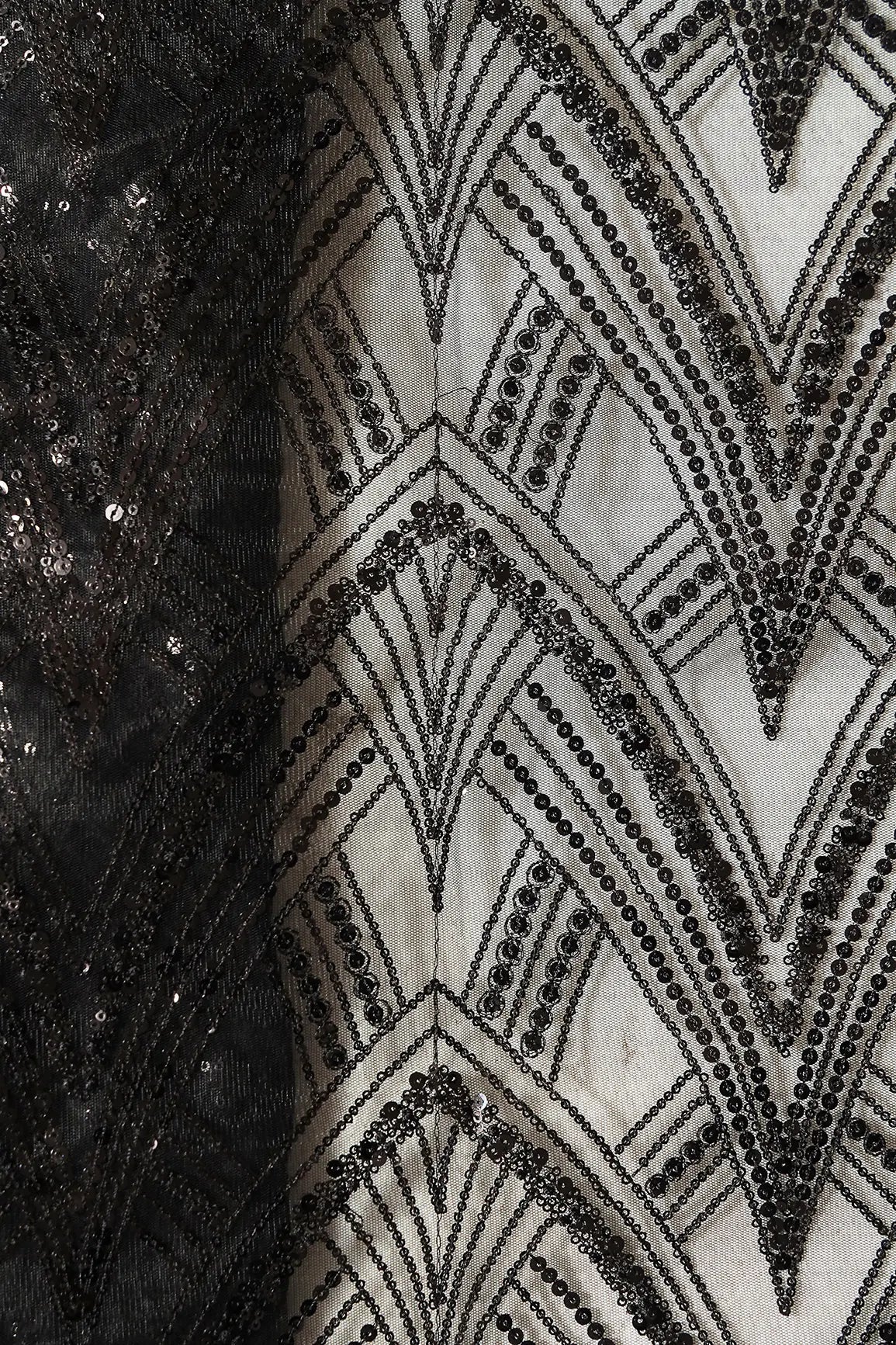 Black Thread With Sequins Geometric Embroidery Work On Black Soft Net Fabric - doeraa
