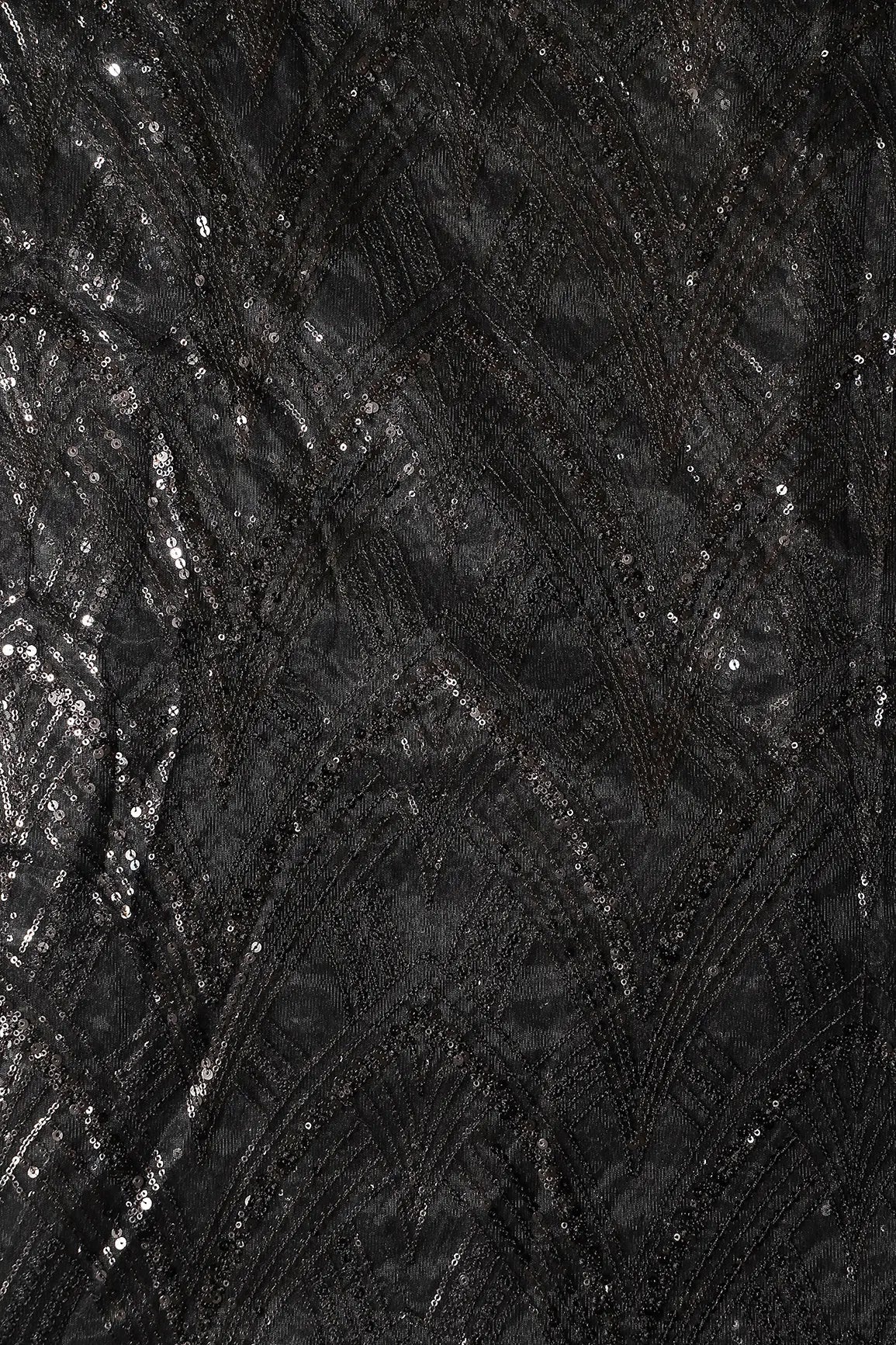 Black Thread With Sequins Geometric Embroidery Work On Black Soft Net Fabric - doeraa