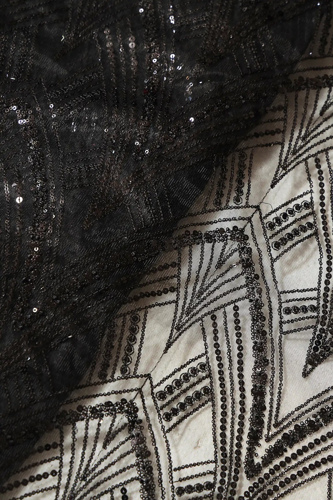 Black Thread With Sequins Geometric Embroidery Work On Black Soft Net Fabric - doeraa