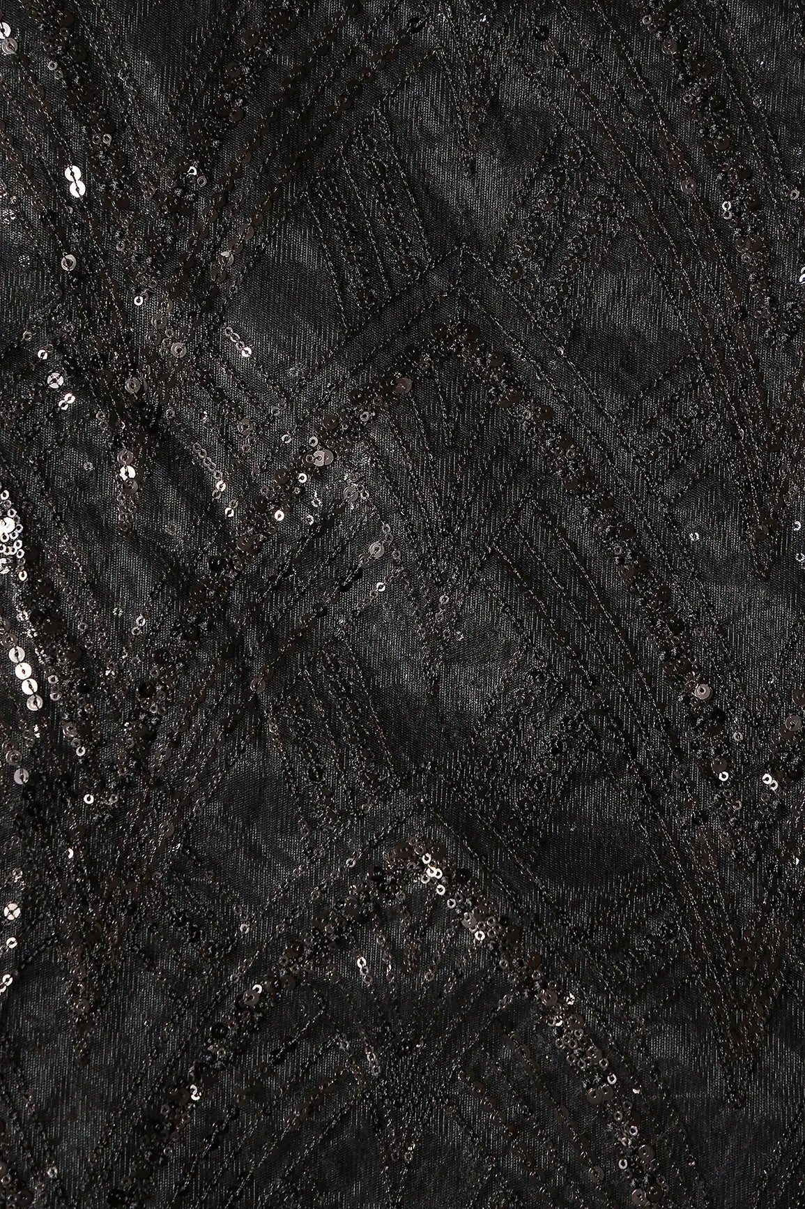 Black Thread With Sequins Geometric Embroidery Work On Black Soft Net Fabric - doeraa
