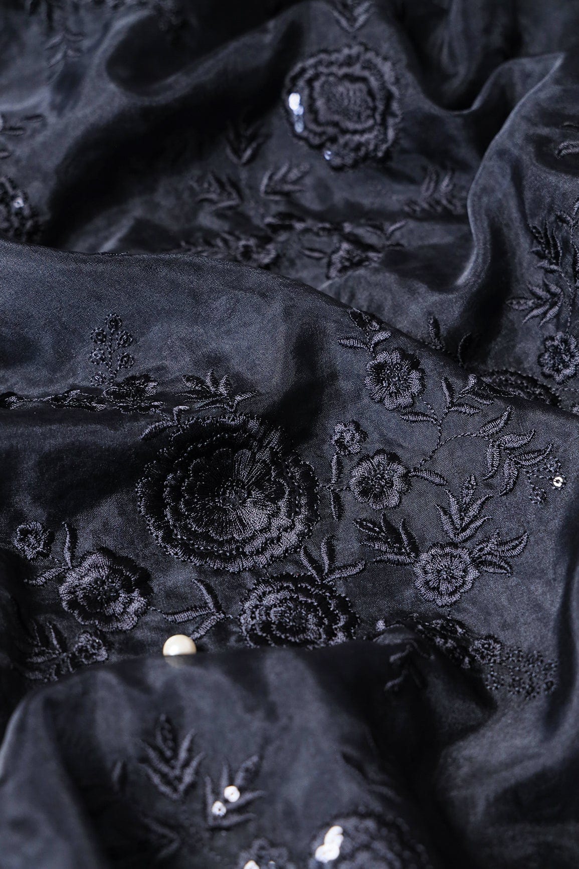 Black Thread With Water Sequins Floral Embroidery Work On Black Organza Fabric - doeraa