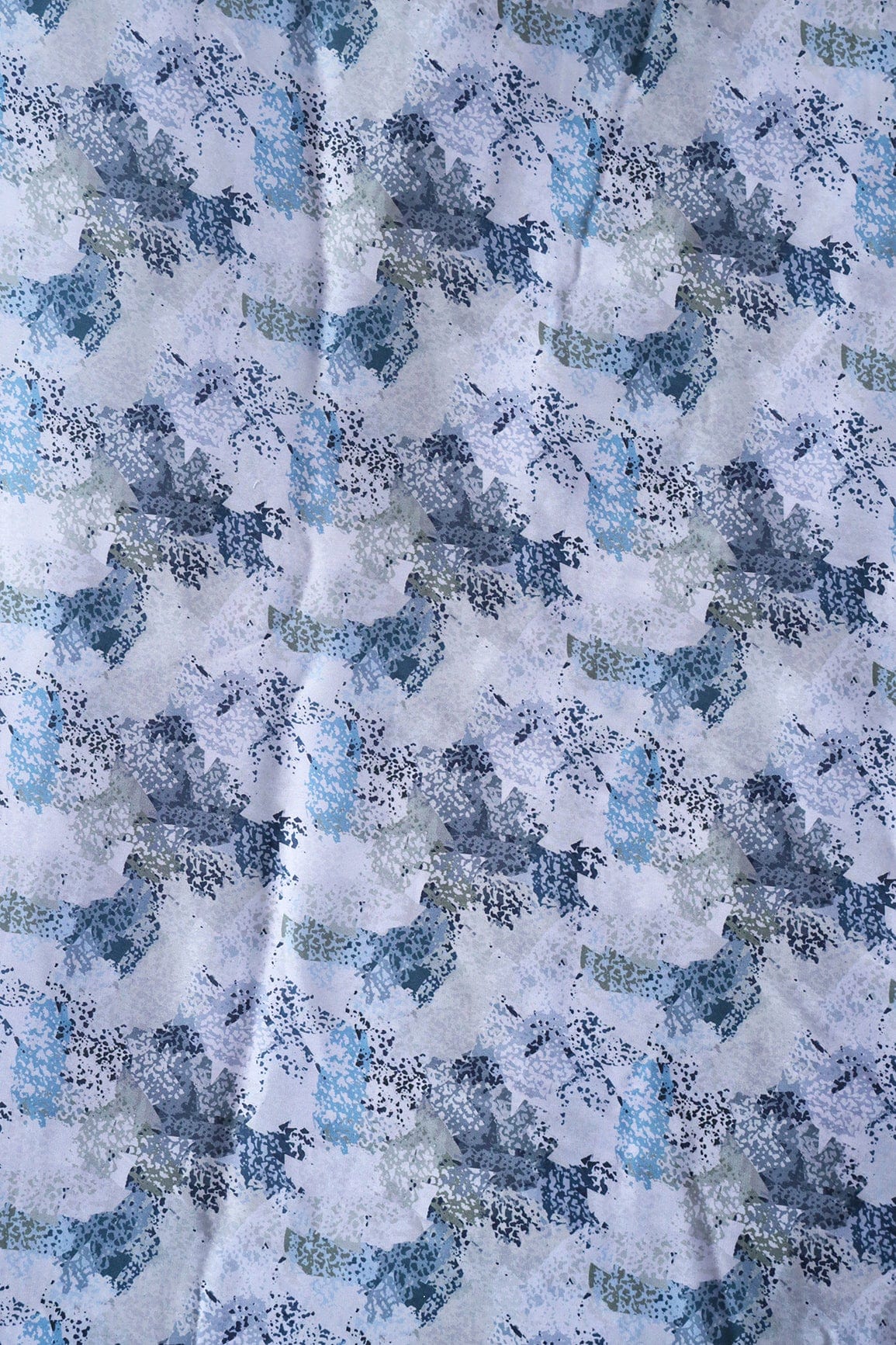 Blue Abstract Pattern Digital Print On White Georgette Satin Fabric - doeraa