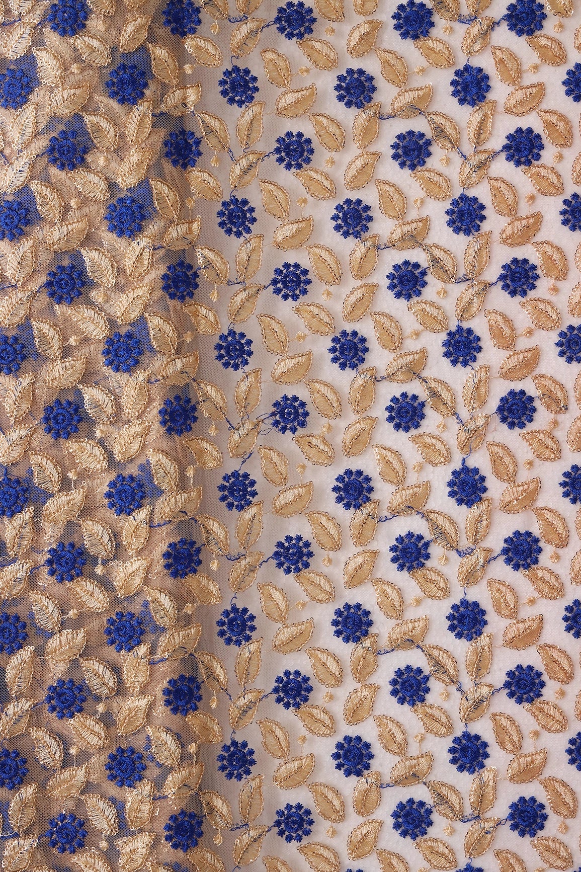 Blue And Beige Thread With Sequins Leafy Embroidery On Beige Soft Net Fabric - doeraa