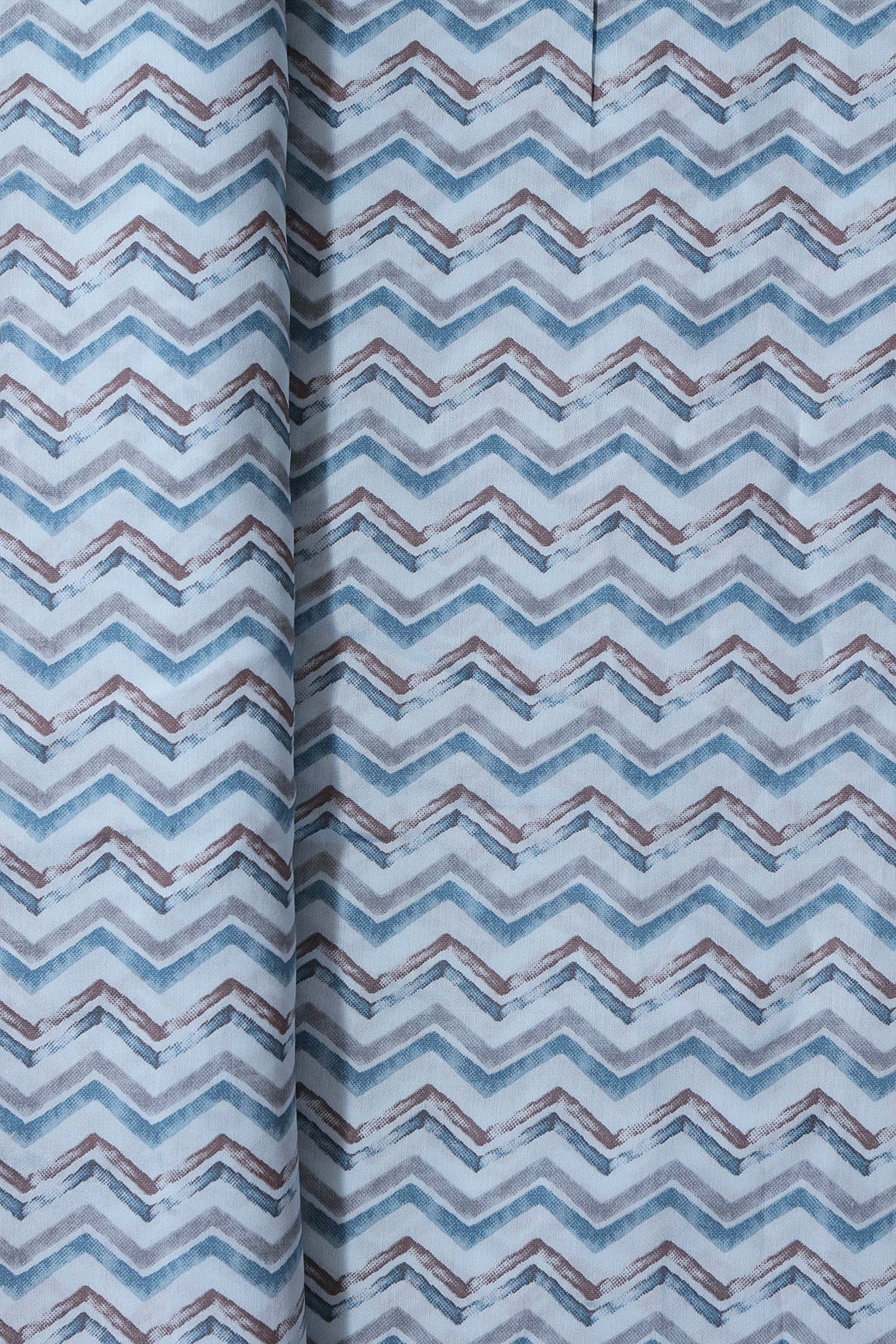 Blue And Brown Chevron Print On Pastel Blue Viscose Chanderi Silk Fabric - doeraa