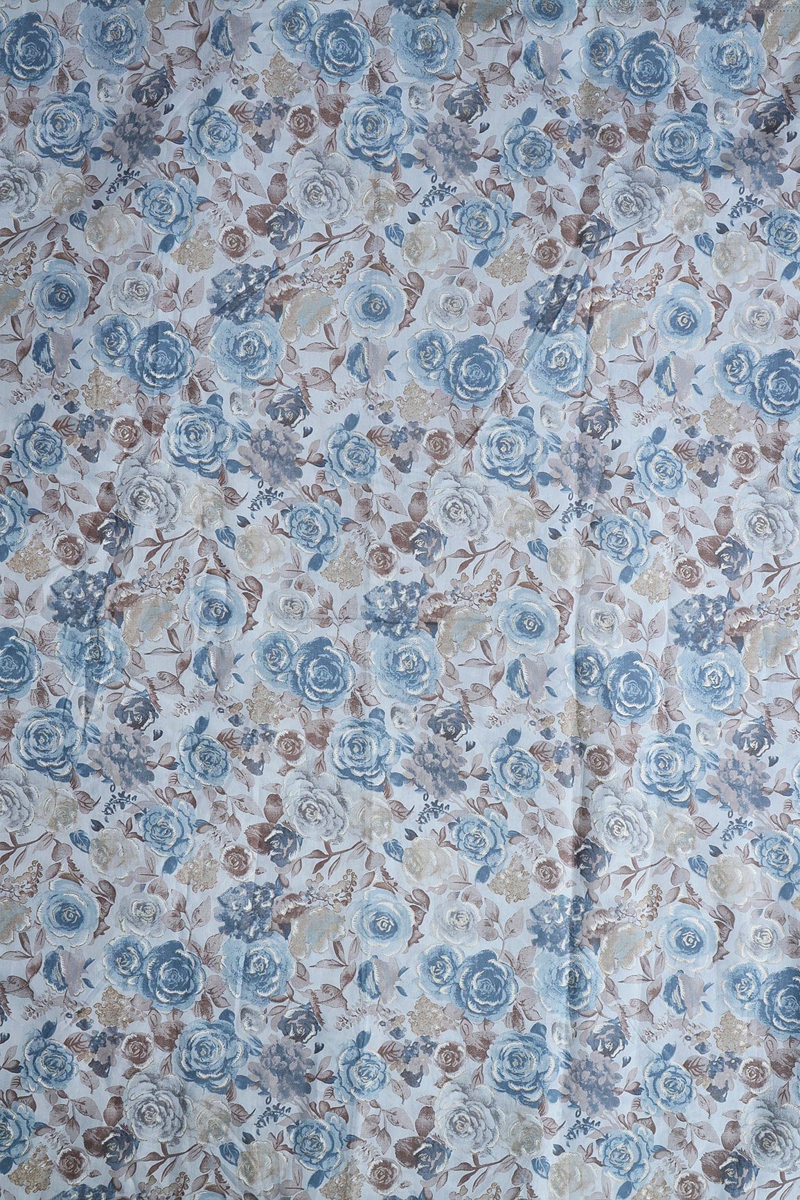 Blue And Brown Floral Foil Print On Pastel Blue Viscose Chanderi Silk Fabric - doeraa