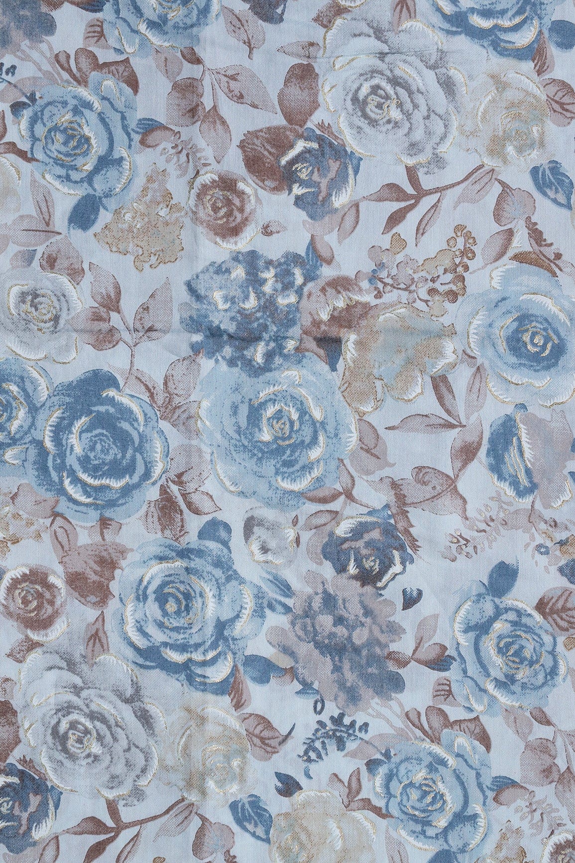 Blue And Brown Floral Foil Print On Pastel Blue Viscose Chanderi Silk Fabric - doeraa