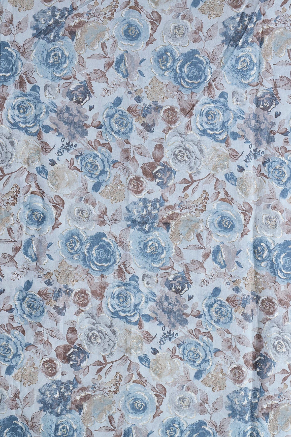 Blue And Brown Floral Foil Print On Pastel Blue Viscose Chanderi Silk Fabric - doeraa