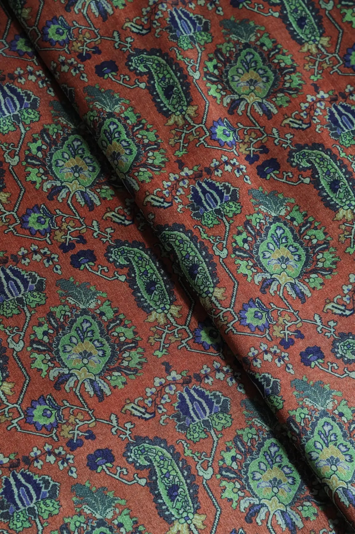 Blue And Brown Traditional Pattern Digital Print On Mulberry Silk Fabric - doeraa