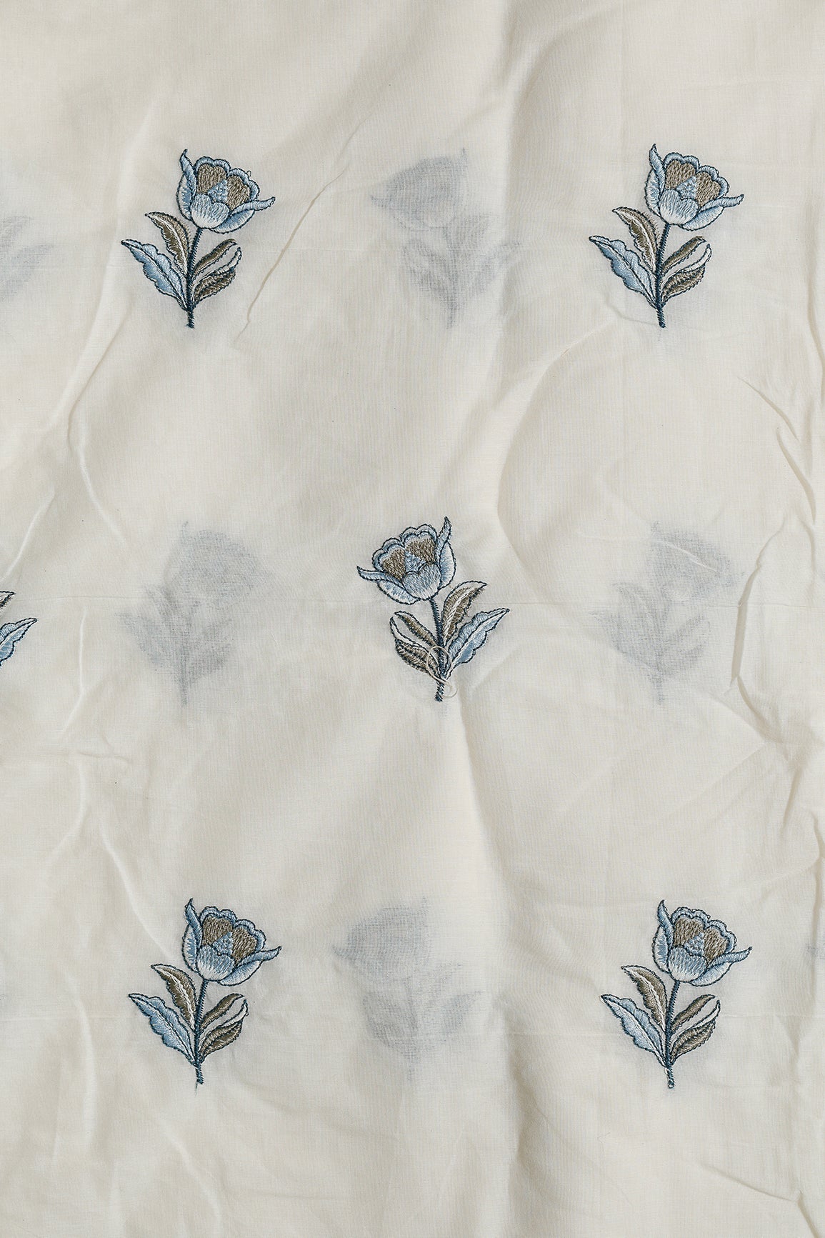 Blue And Olive Thread Beautiful Floral Embroidery Work On Off White Organic Cotton Fabric - doeraa