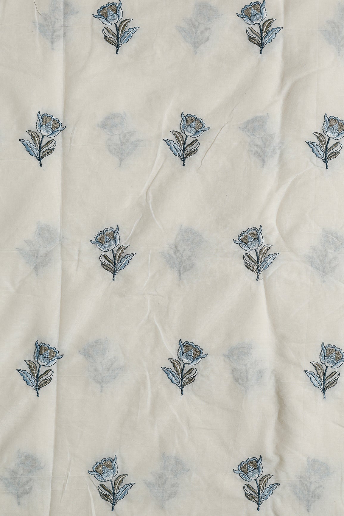 Blue And Olive Thread Beautiful Floral Embroidery Work On Off White Organic Cotton Fabric - doeraa