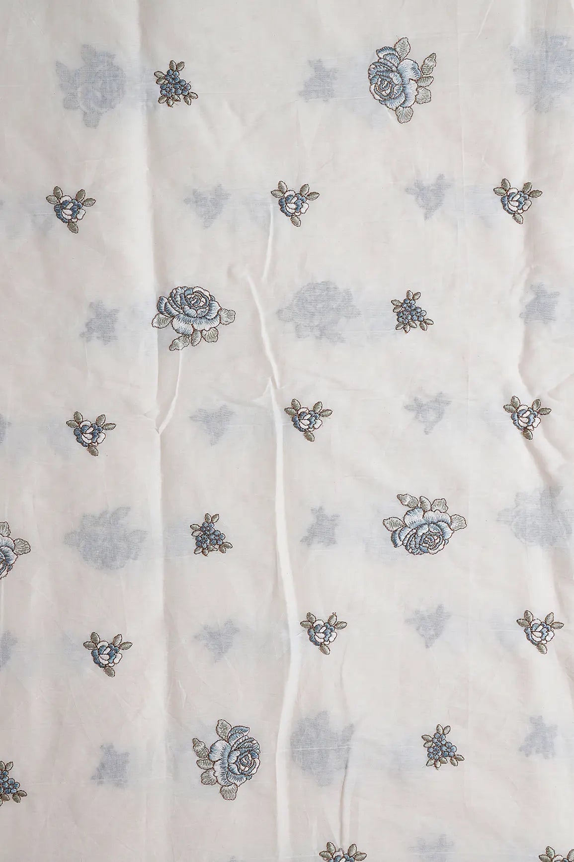 Blue And Olive Thread Floral Embroidery On Off White Organic Cotton Fabric - doeraa