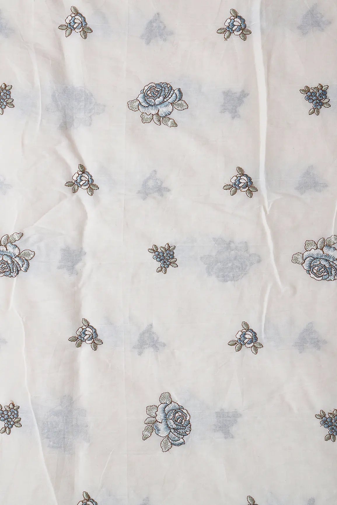 Blue And Olive Thread Floral Embroidery On Off White Organic Cotton Fabric - doeraa