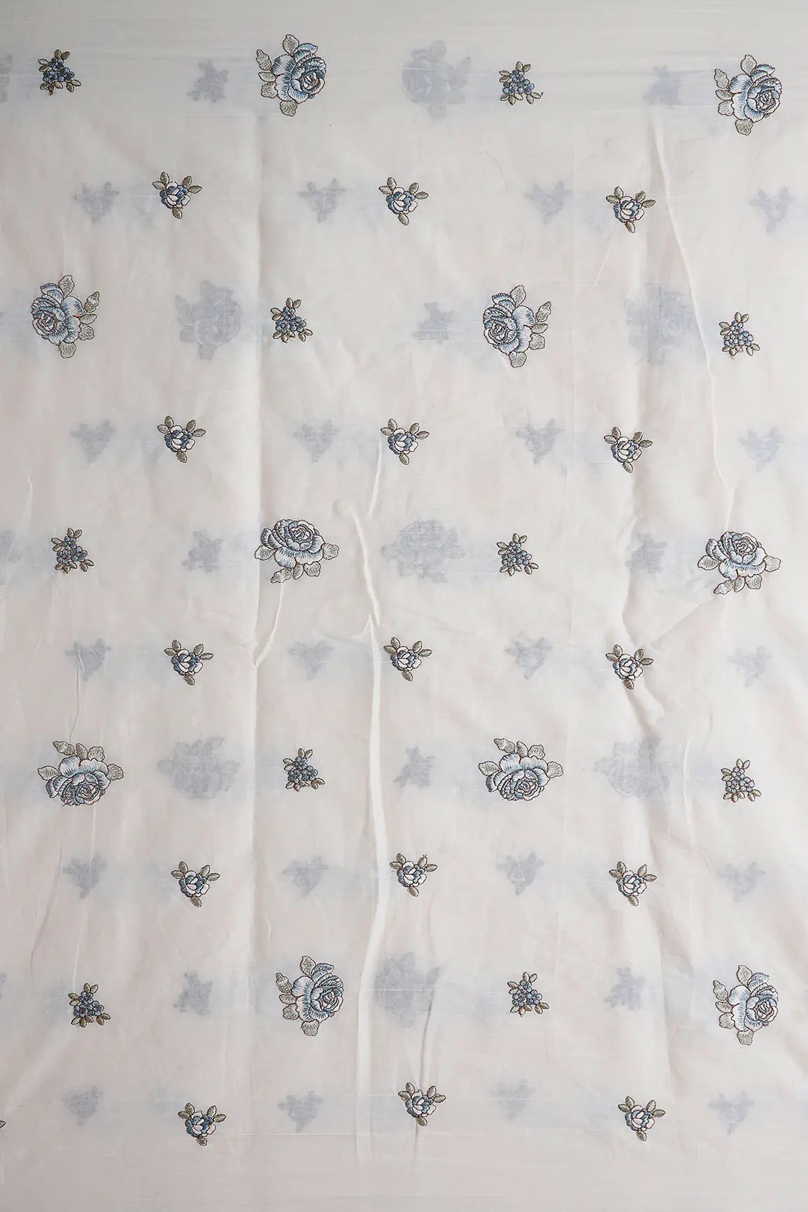 Blue And Olive Thread Floral Embroidery On Off White Organic Cotton Fabric - doeraa