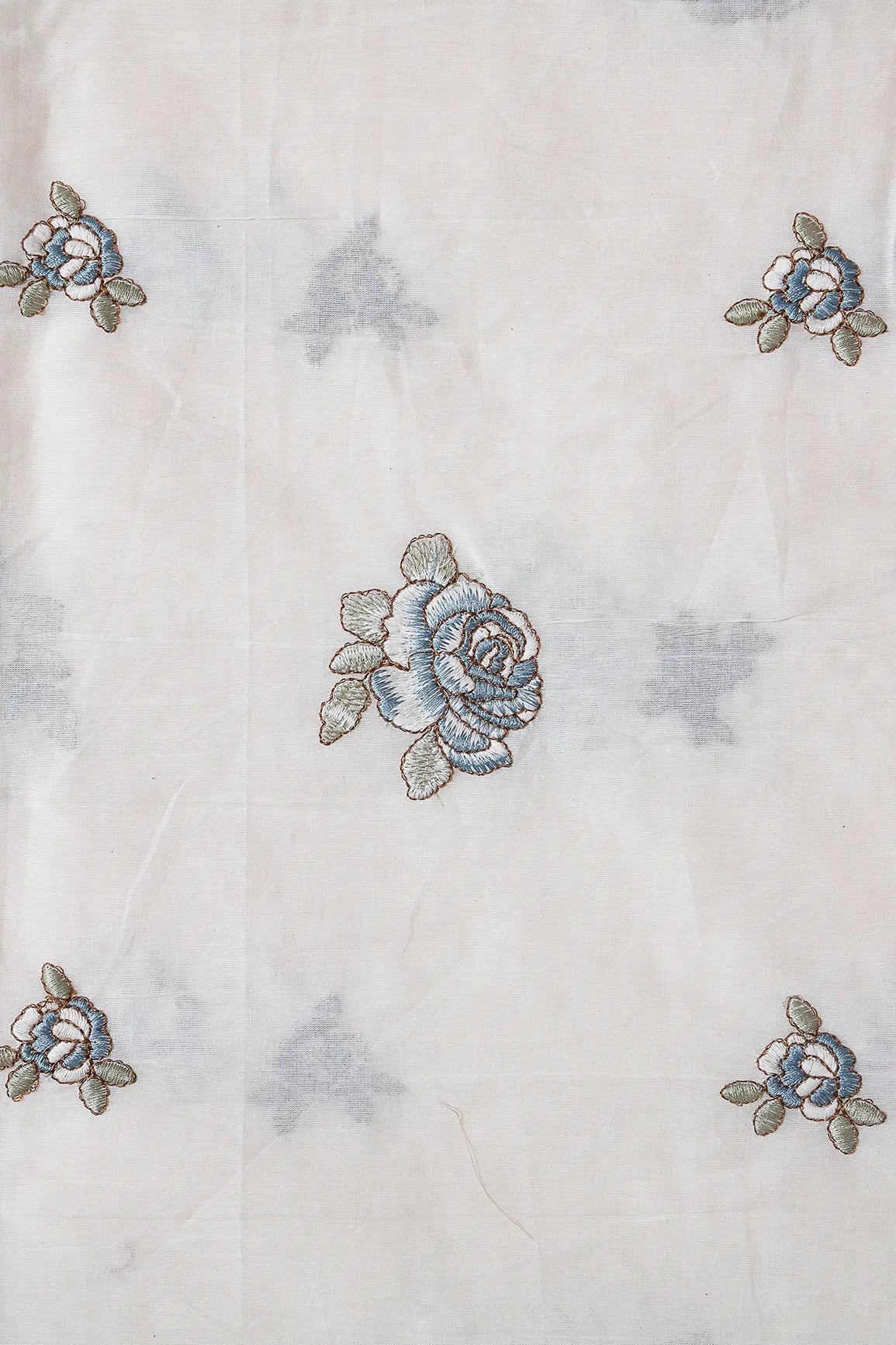 Blue And Olive Thread Floral Embroidery On Off White Organic Cotton Fabric - doeraa