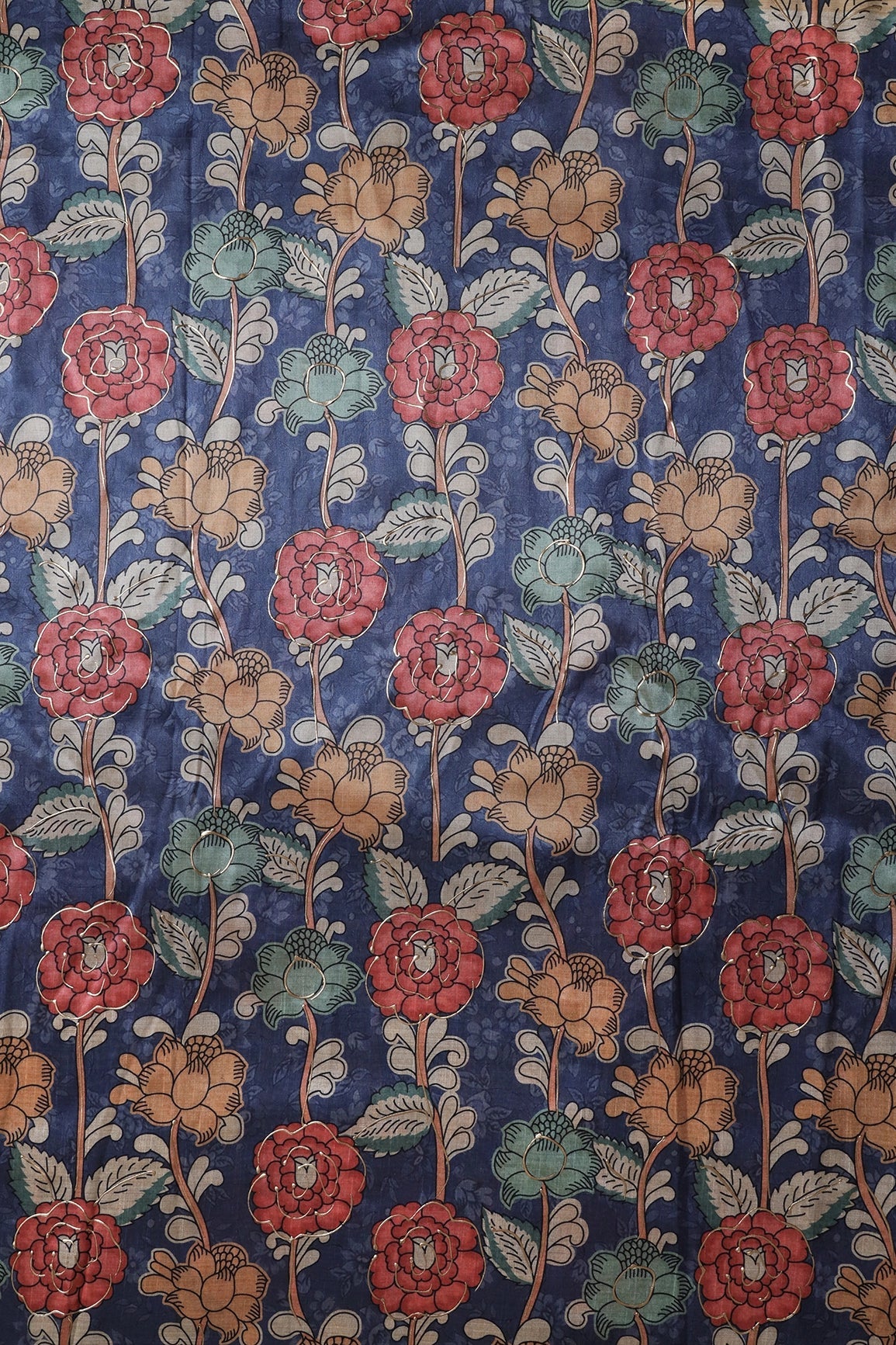Blue And Red Floral Pattern Digital Foil Print On Mulberry Silk Fabric - doeraa