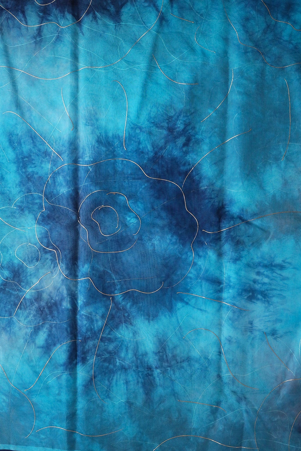 Blue And Sky Tie & Dye Shibori Foil Print On Organza Fabric - doeraa