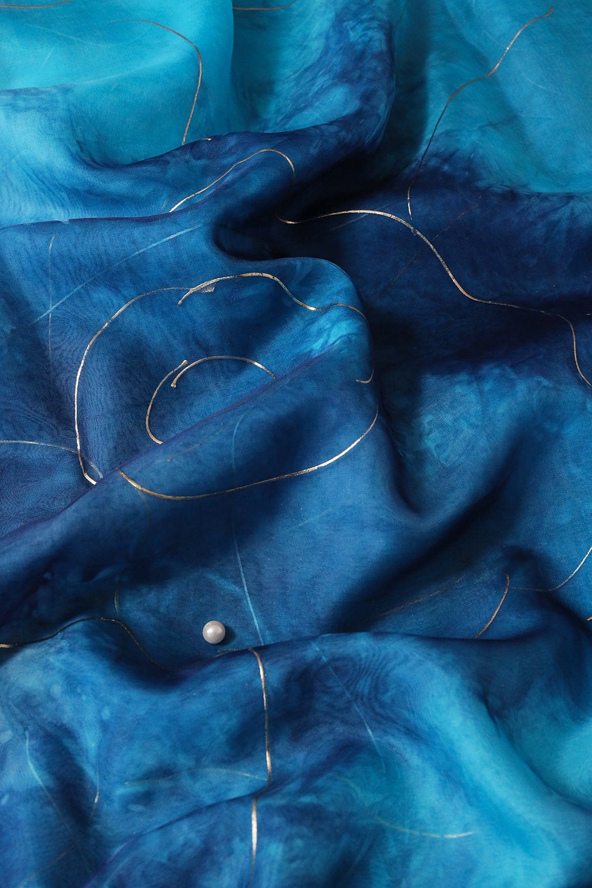 Blue And Sky Tie & Dye Shibori Foil Print On Organza Fabric - doeraa