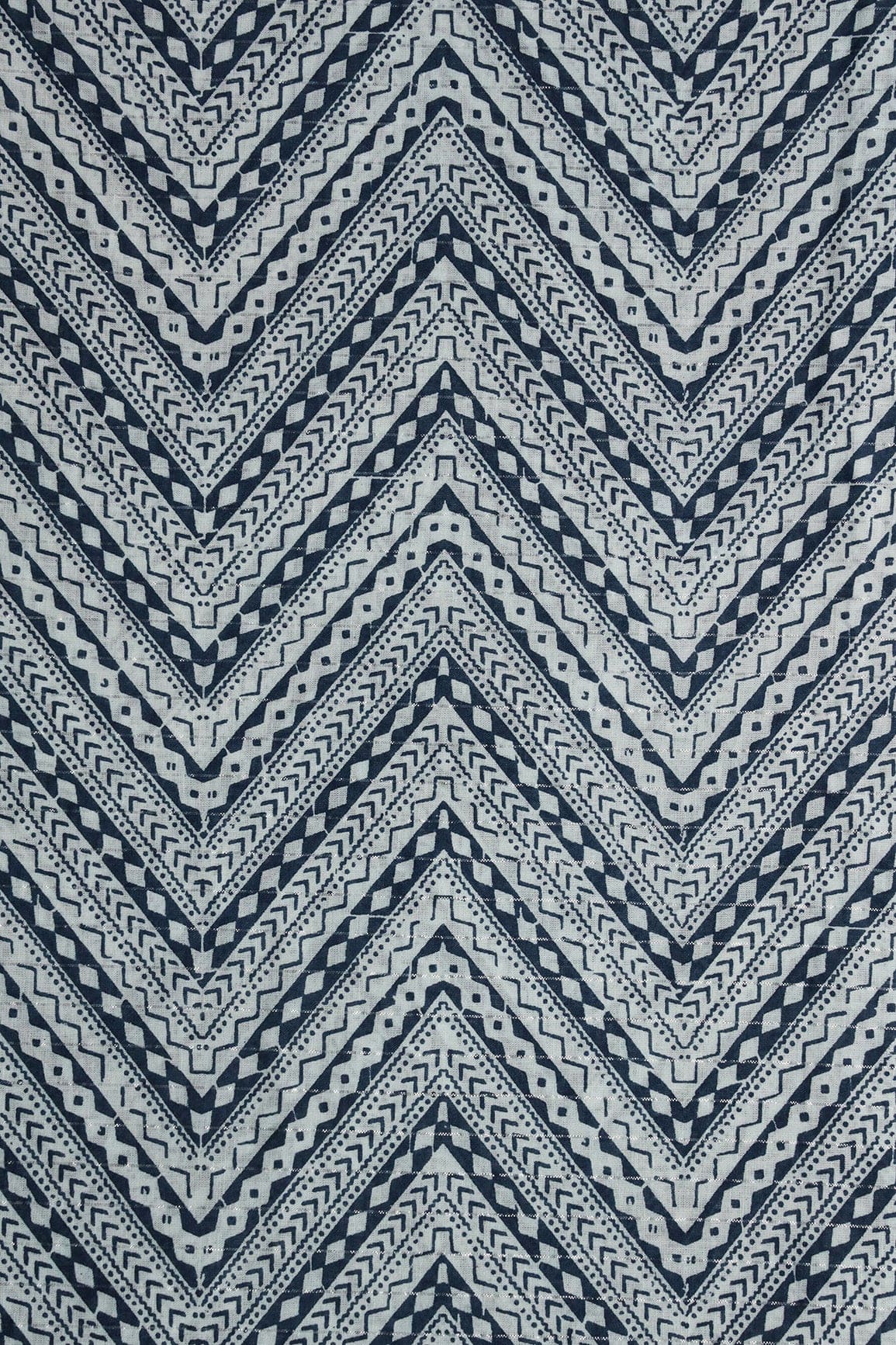 Blue And White Chevron Pattern Screen Print Lurex Organic Cotton Fabric - doeraa