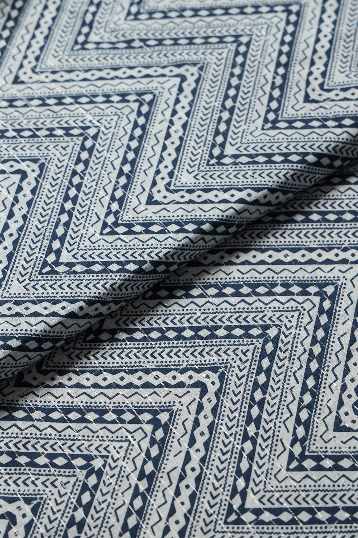Blue And White Chevron Pattern Screen Print Lurex Organic Cotton Fabric - doeraa