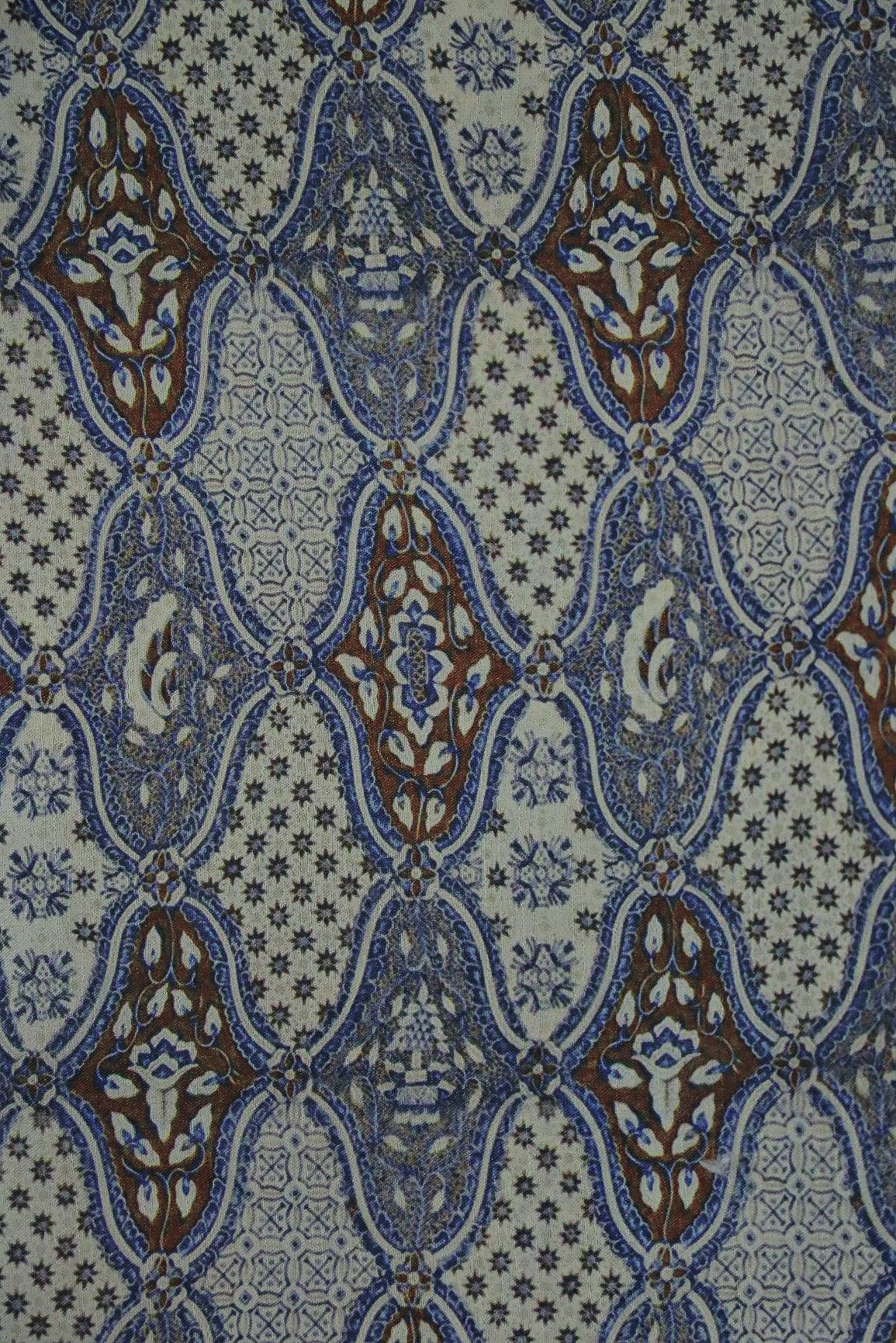 Blue Cultural Digital Print on Tussar Satin Fabric - doeraa