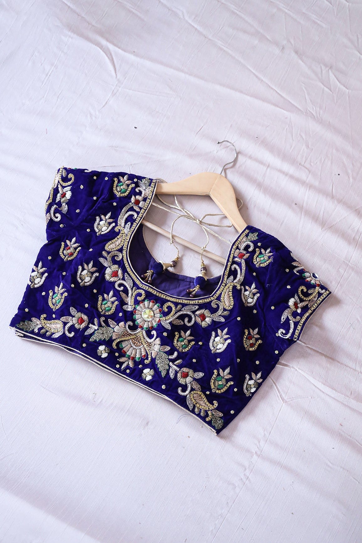 Blue Hand Work Embroidery Velvet Stitched Blouse - doeraa