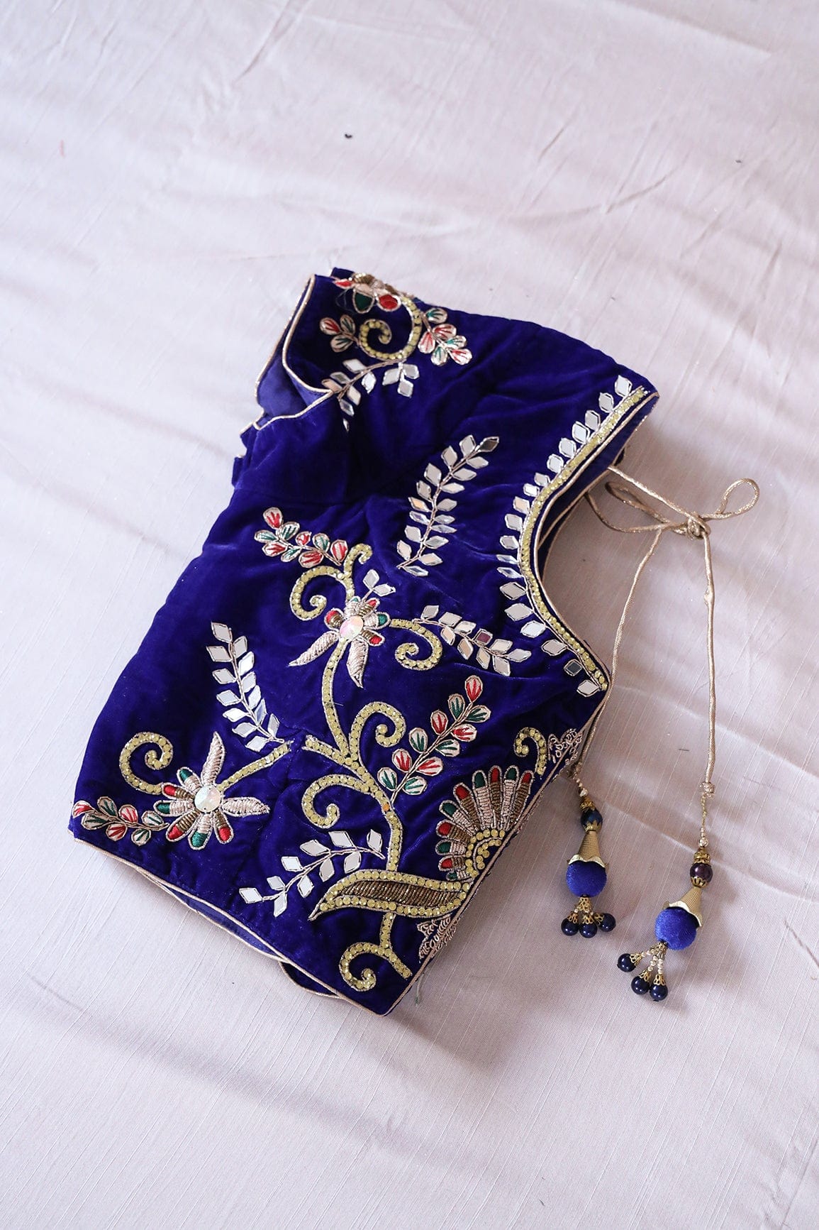 Blue Hand Work Embroidery Velvet Stitched Blouse - doeraa