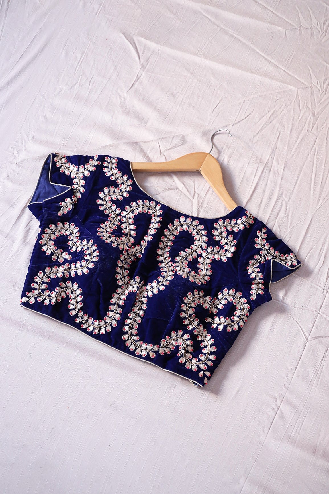 Blue Hand Work Embroidery Velvet Stitched Blouse - doeraa