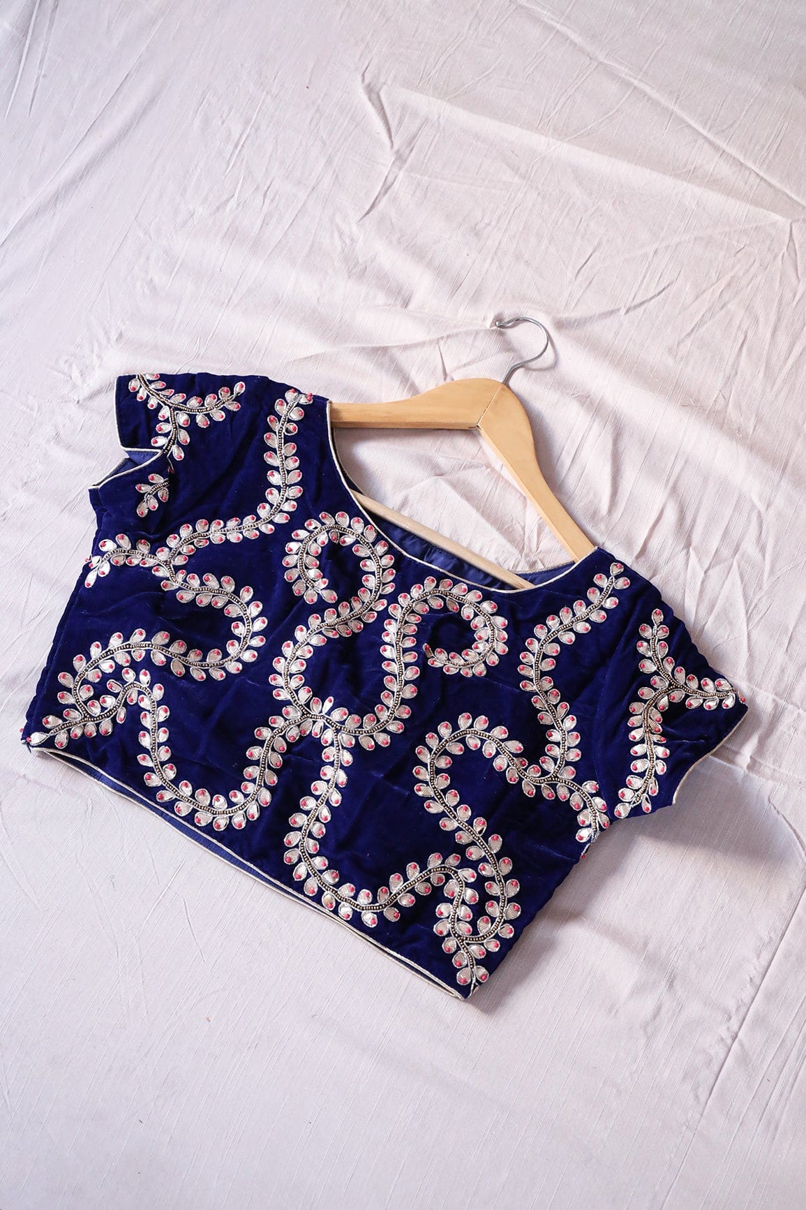 Blue Hand Work Embroidery Velvet Stitched Blouse - doeraa