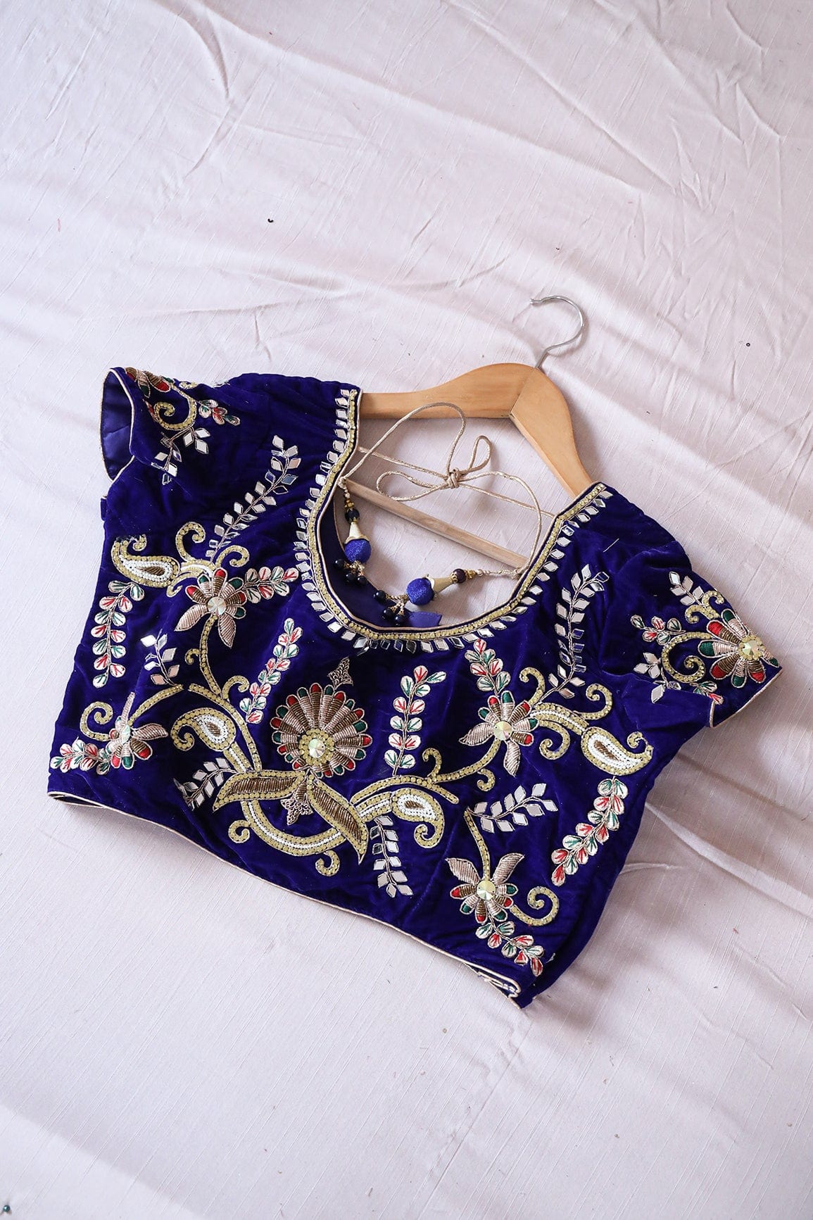 Blue Hand Work Embroidery Velvet Stitched Blouse - doeraa