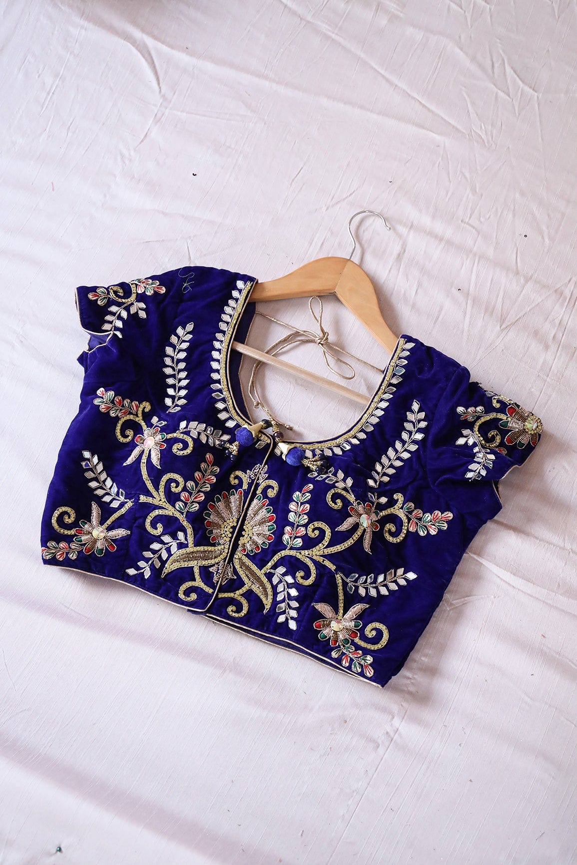 Blue Hand Work Embroidery Velvet Stitched Blouse - doeraa