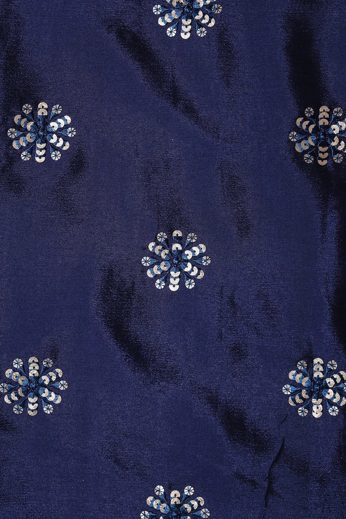 Blue Thread With Gold Sequins Floral Butta Embroidery Work On Navy Blue Chinnon Chiffon Fabric - doeraa