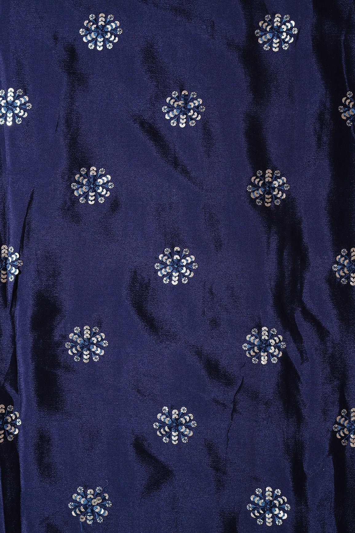 Blue Thread With Gold Sequins Floral Butta Embroidery Work On Navy Blue Chinnon Chiffon Fabric - doeraa