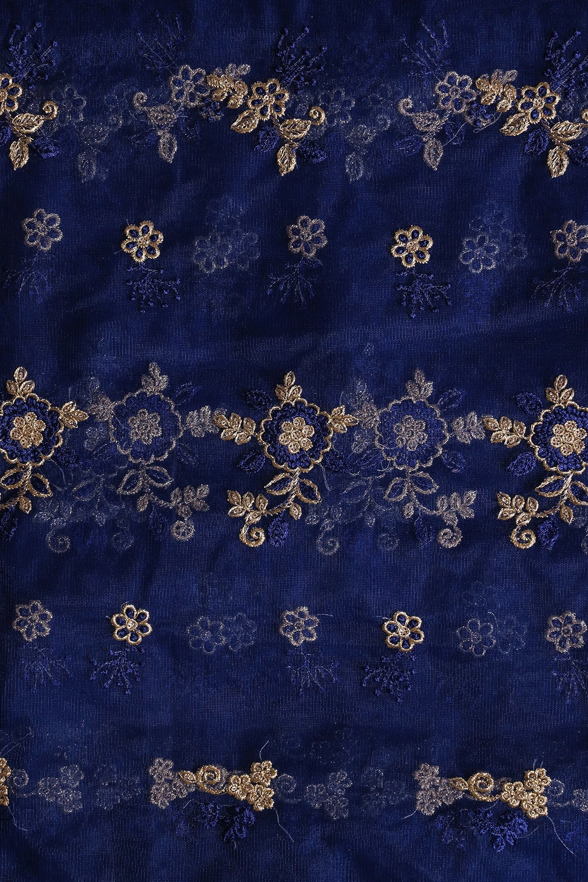 Blue Thread With Gold Zari Floral Embroidery Work On Navy Blue Soft Net Fabric - doeraa