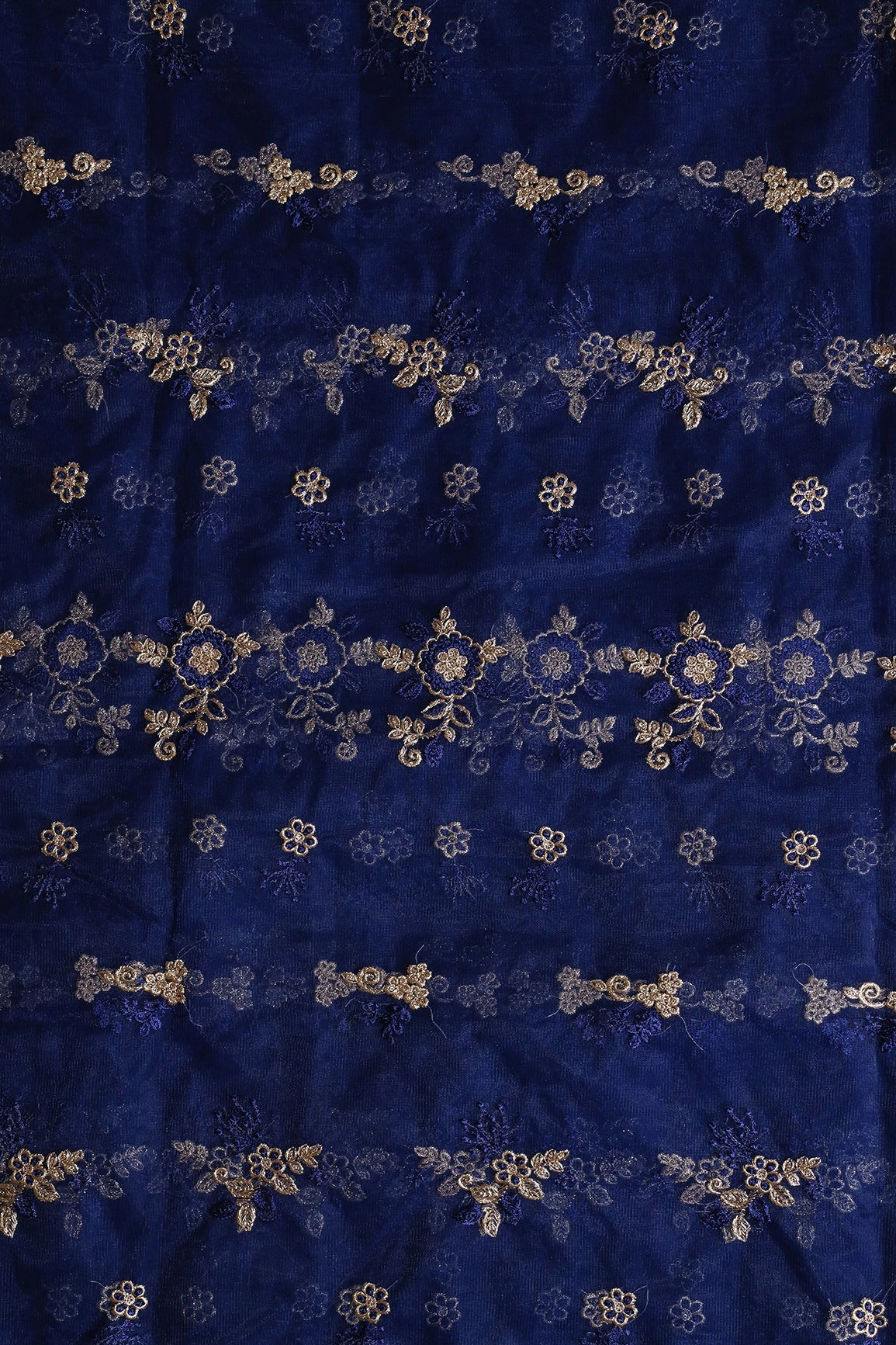 Blue Thread With Gold Zari Floral Embroidery Work On Navy Blue Soft Net Fabric - doeraa