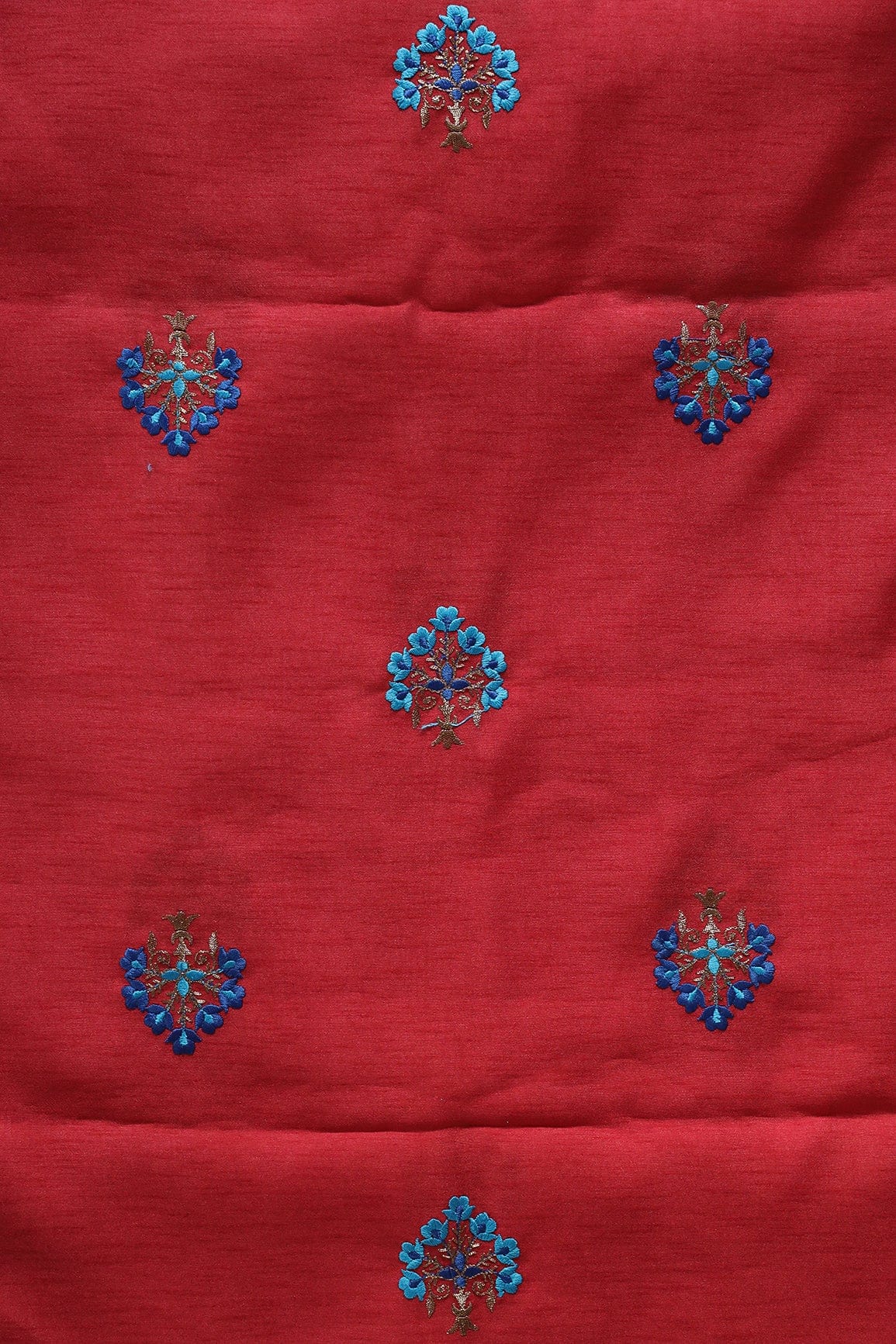 Blue Thread With Gold Zari Small Floral Embroidery Work On Red Banglori Satin Fabric - doeraa