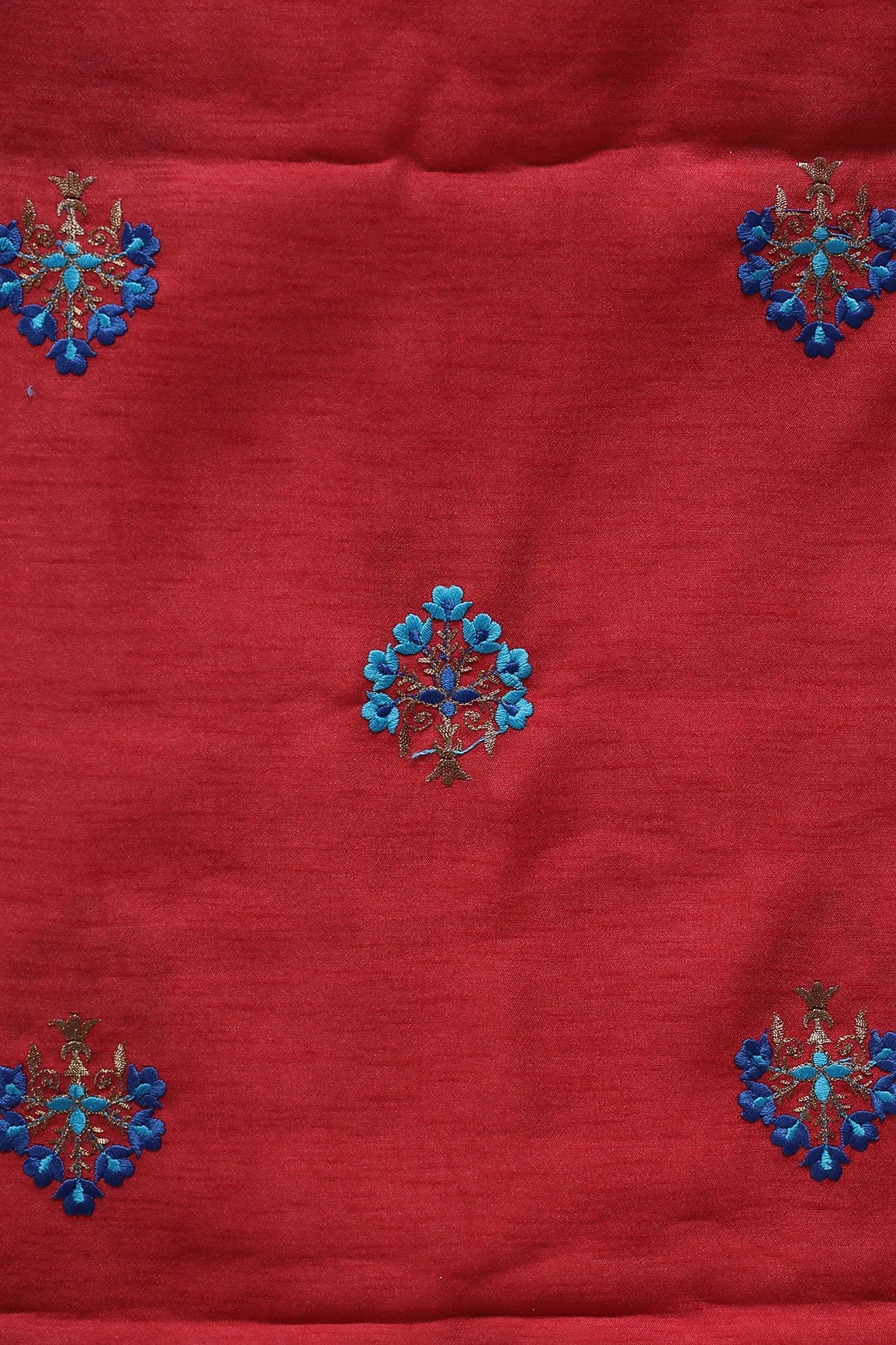 Blue Thread With Gold Zari Small Floral Embroidery Work On Red Banglori Satin Fabric - doeraa