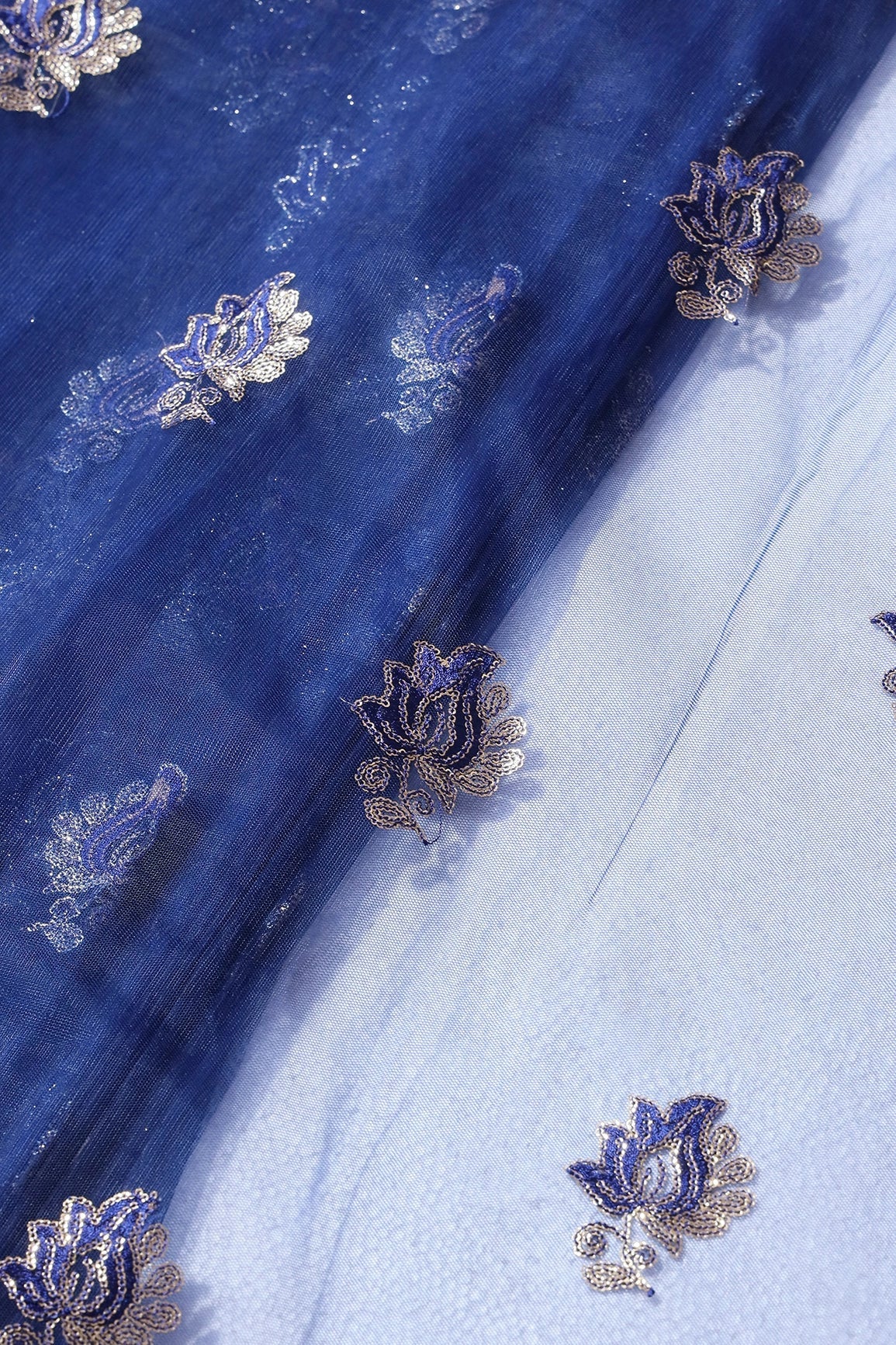 Blue Thread With Small Gold Sequins Floral Embroidery Work On Navy Blue Soft Net Fabric - doeraa