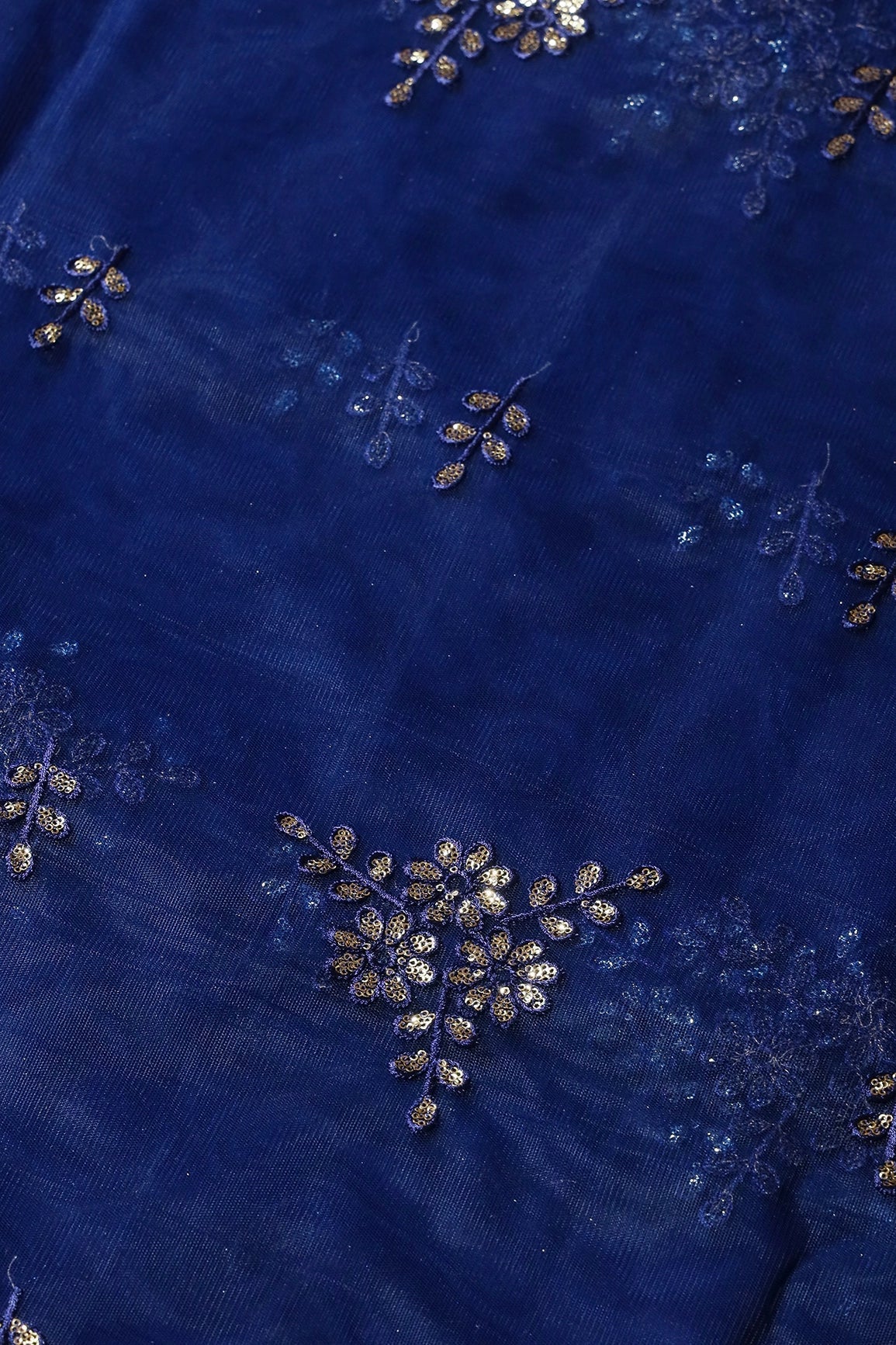 Blue Thread With With Gold Sequins Floral Embroidery Work On Navy Blue Soft Net Fabric - doeraa