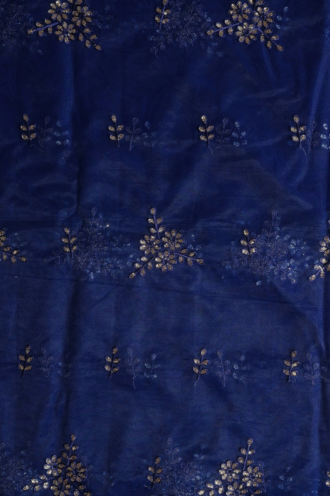 Blue Thread With With Gold Sequins Floral Embroidery Work On Navy Blue Soft Net Fabric - doeraa