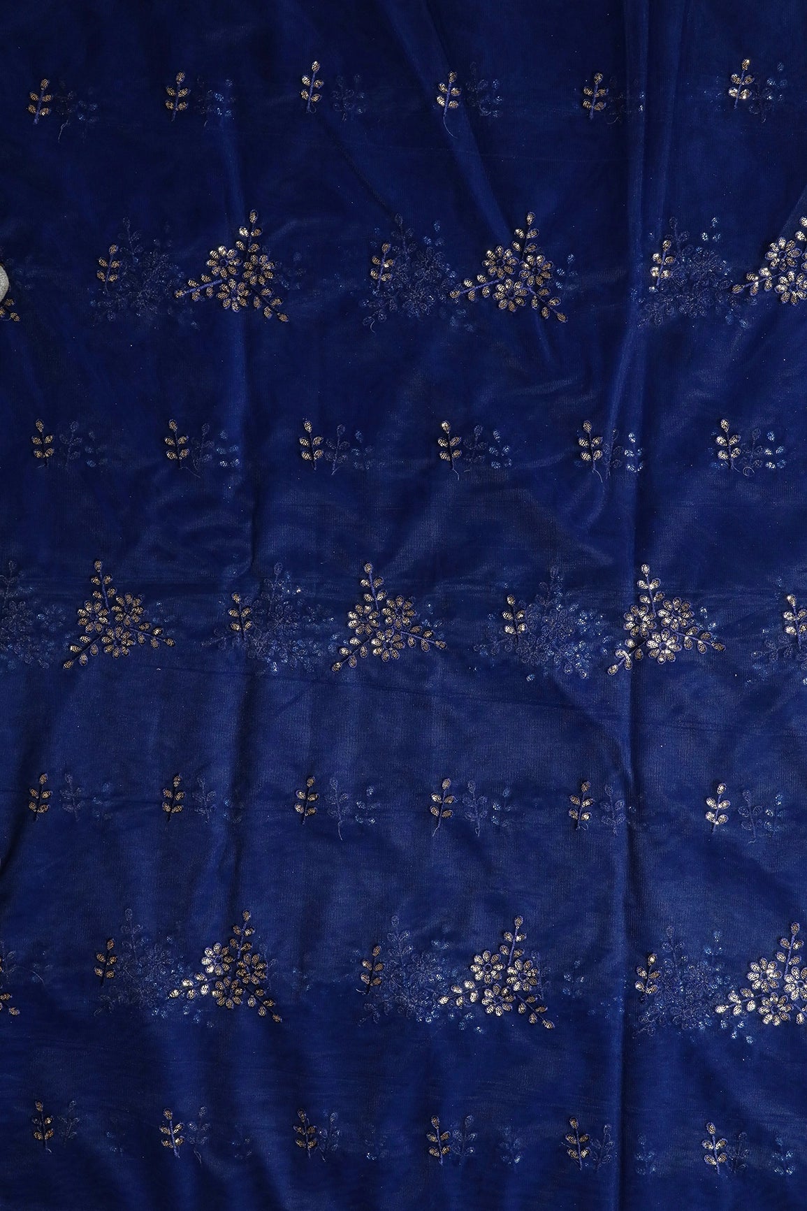 Blue Thread With With Gold Sequins Floral Embroidery Work On Navy Blue Soft Net Fabric - doeraa